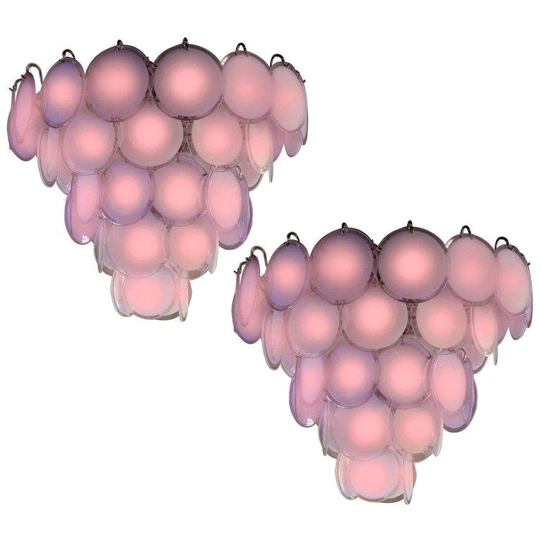 Pair of Pink Murano Glass Disc Chandelier, Italy, 1970s