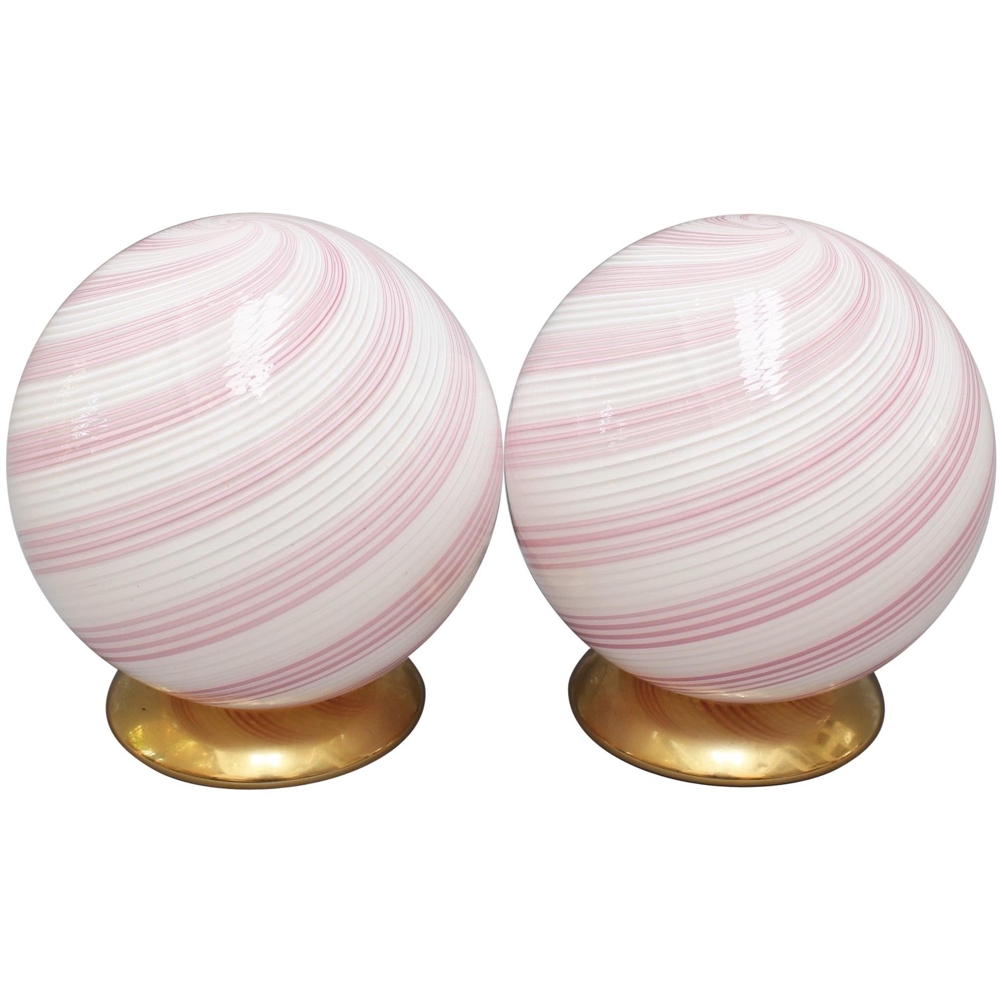 Pair of Pink Murano Glass Globe Table Lamps, circa 1960s