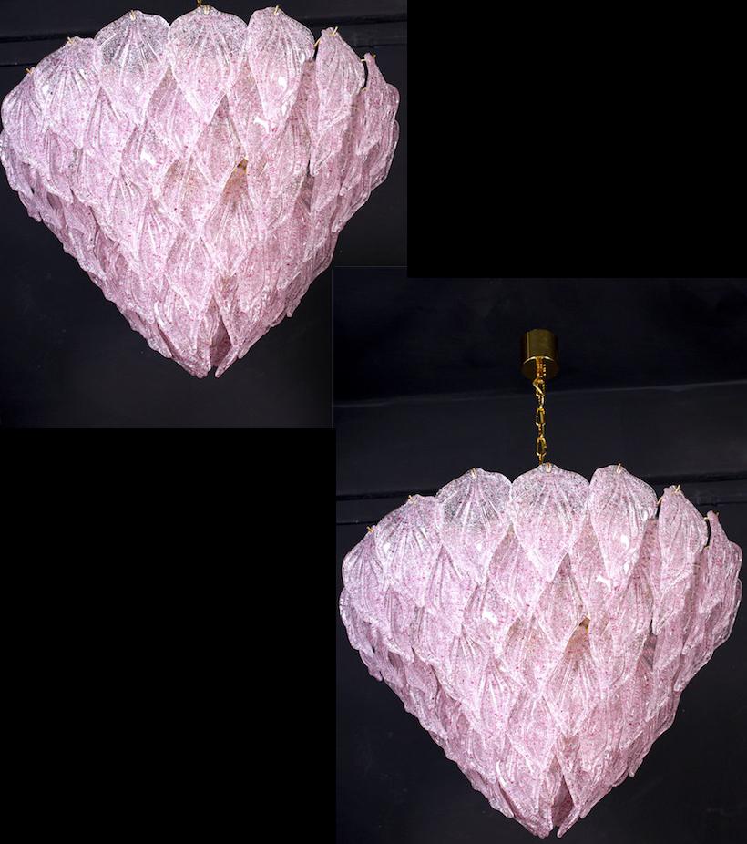 Mid-Century Modern Pair of Pink Murano Glass Polar Chandelier, Italy, 1970s For Sale