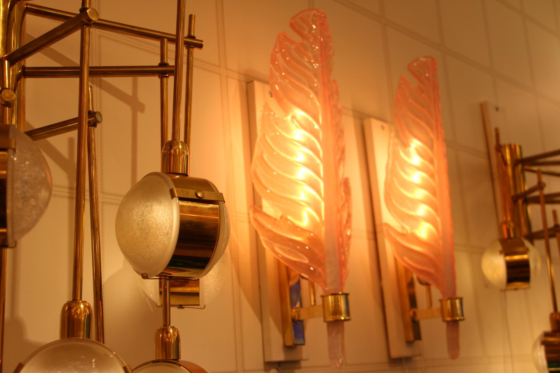 Coppia di lampade da parete a forma di foglia in vetro di Murano rosa,  Stile Barovier in vendita 1