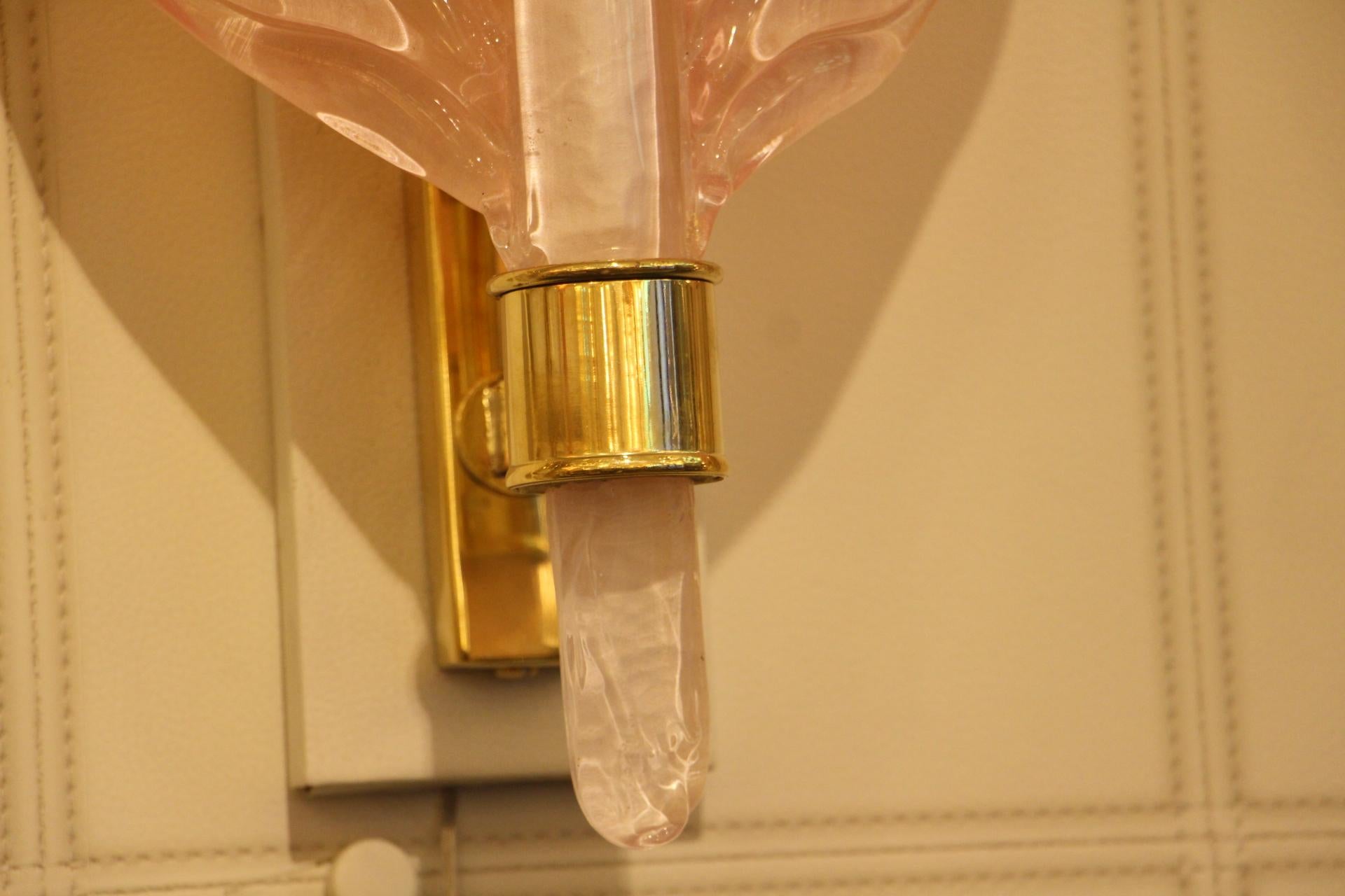 Coppia di lampade da parete a forma di foglia in vetro di Murano rosa,  Stile Barovier in vendita 5