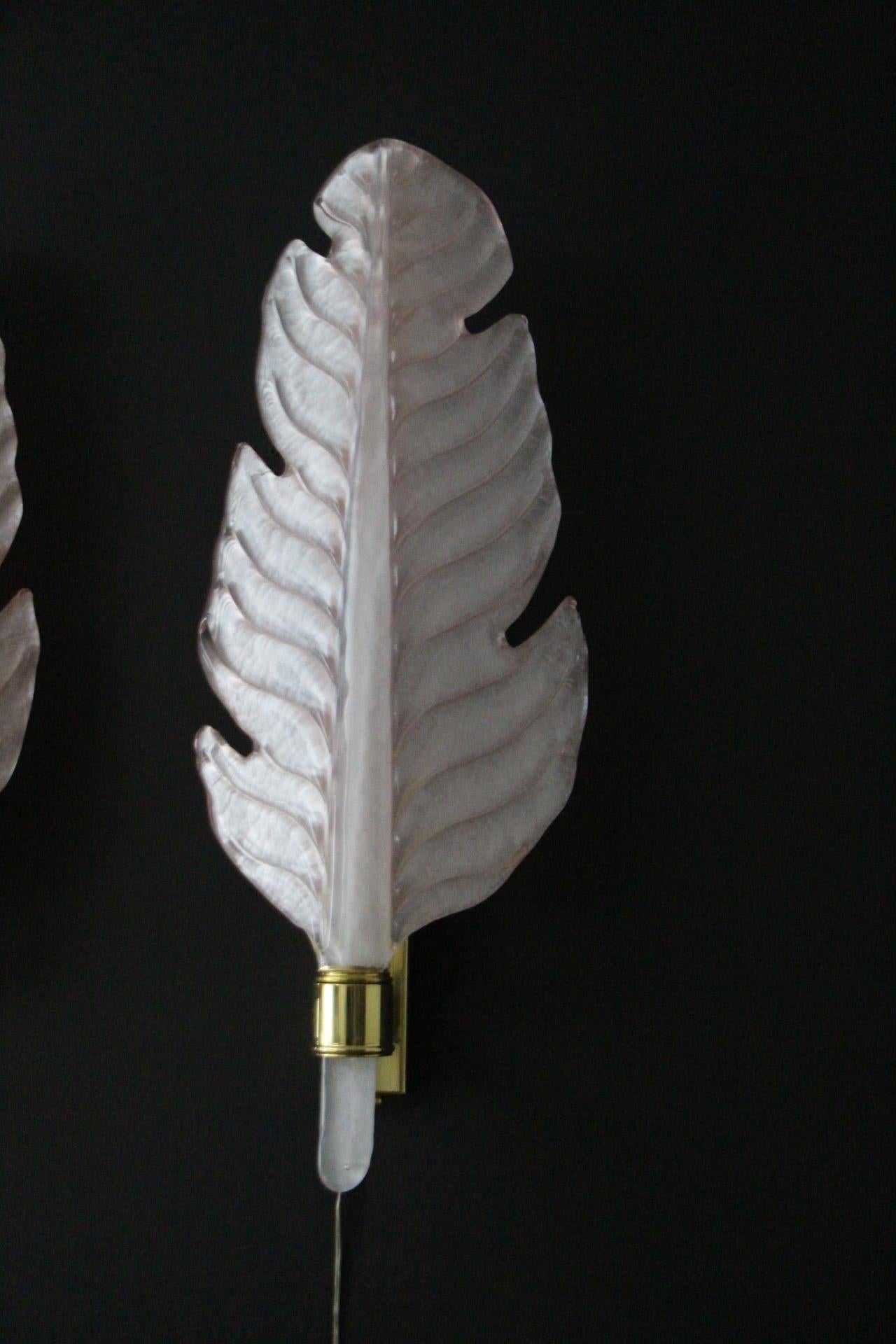 Coppia di lampade da parete a forma di foglia in vetro di Murano rosa,  Stile Barovier in vendita 9