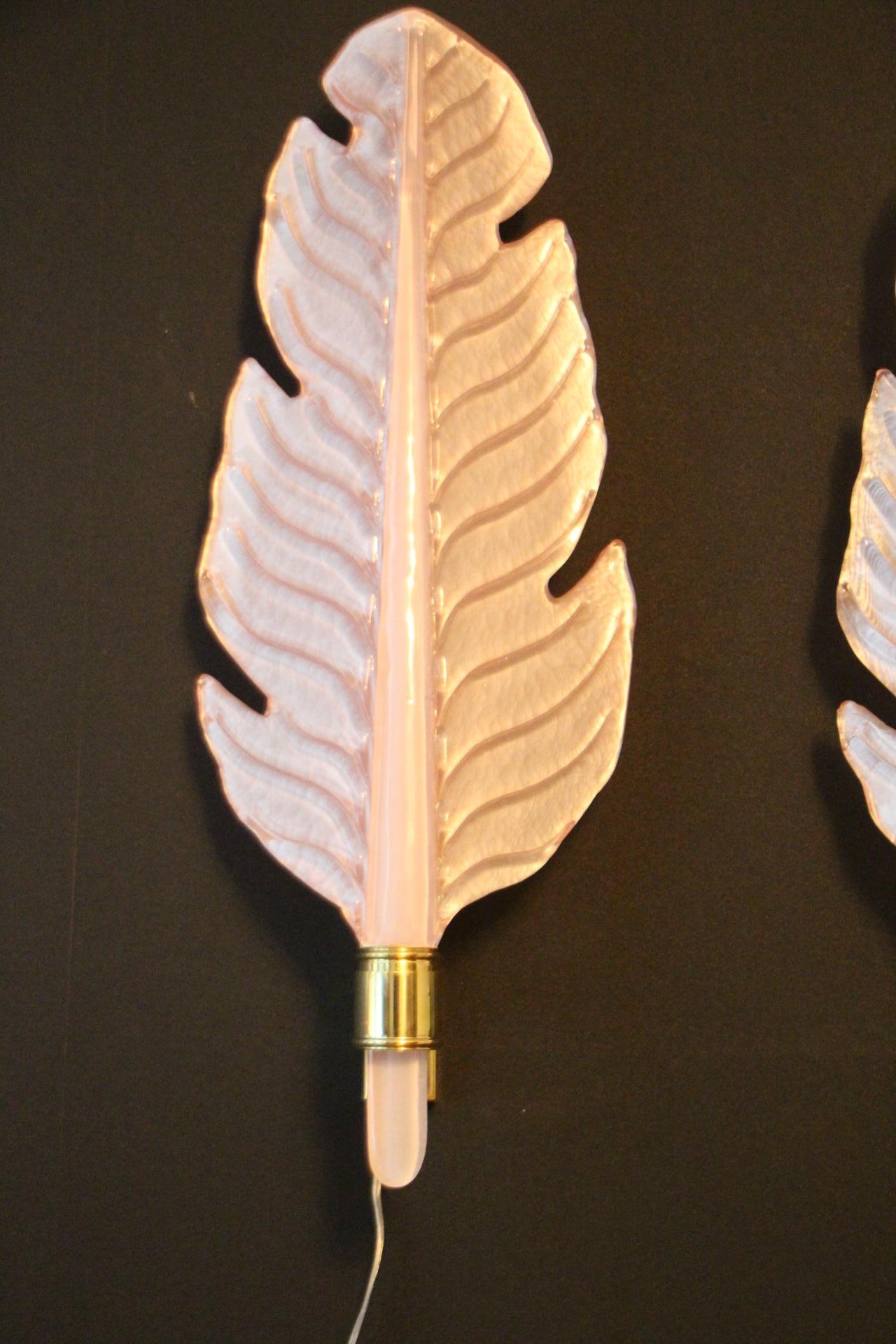 Coppia di lampade da parete a forma di foglia in vetro di Murano rosa,  Stile Barovier in vendita 12