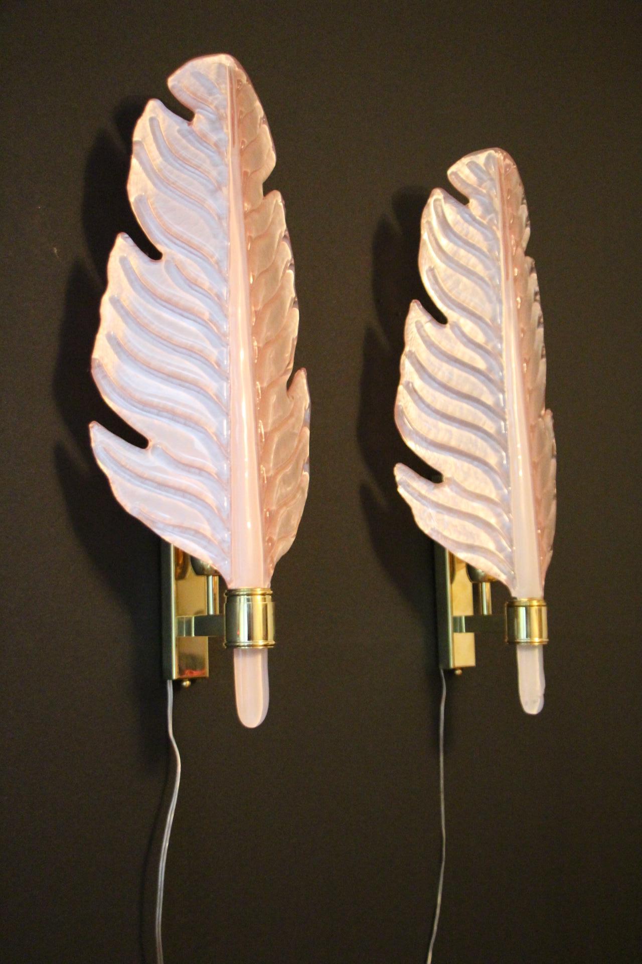 Coppia di lampade da parete a forma di foglia in vetro di Murano rosa,  Stile Barovier in vendita 13