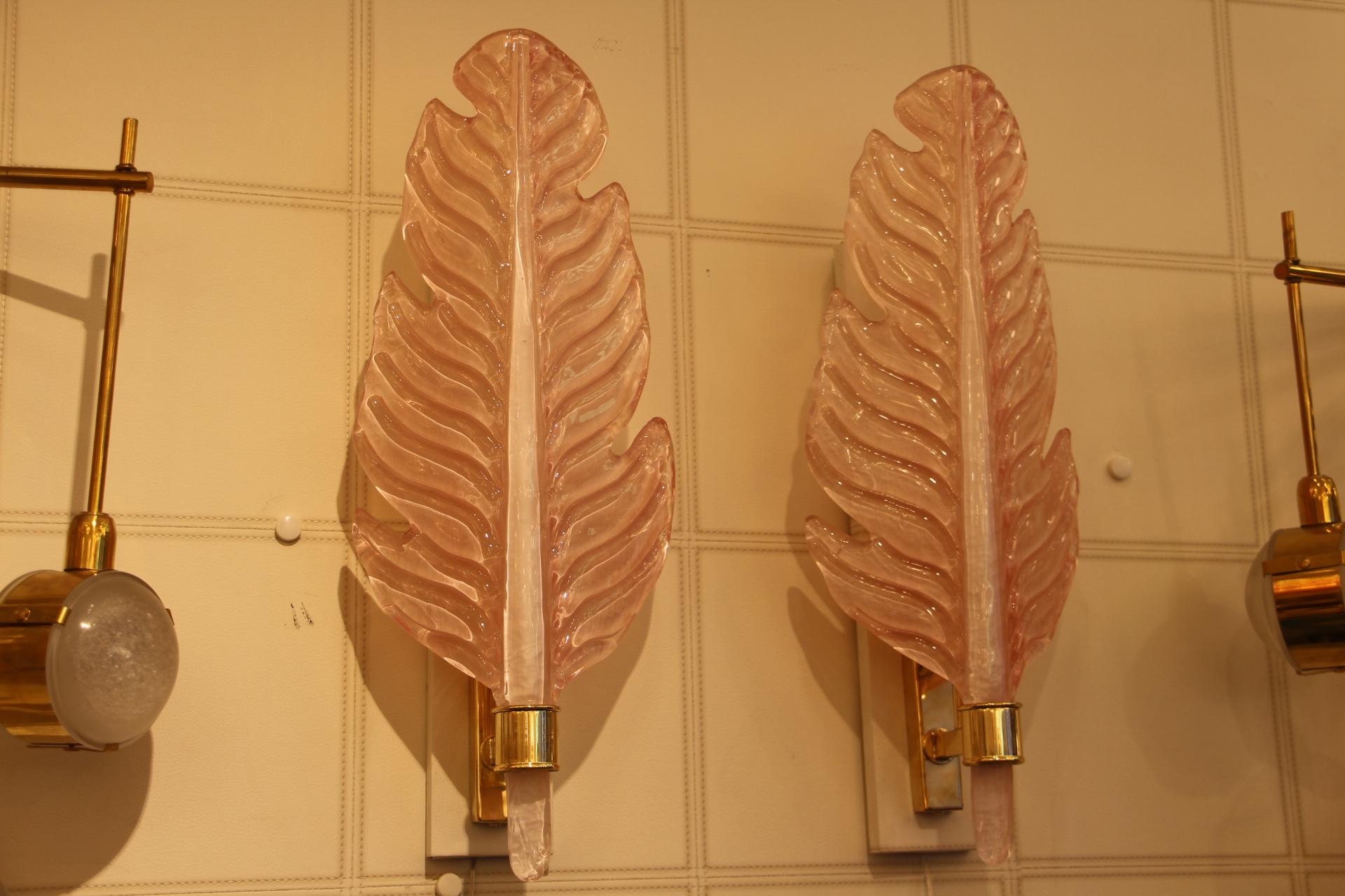 Pair of Pink Murano Glass Sconces, Leaf Shape Wall Lights,  Barovier Style 4