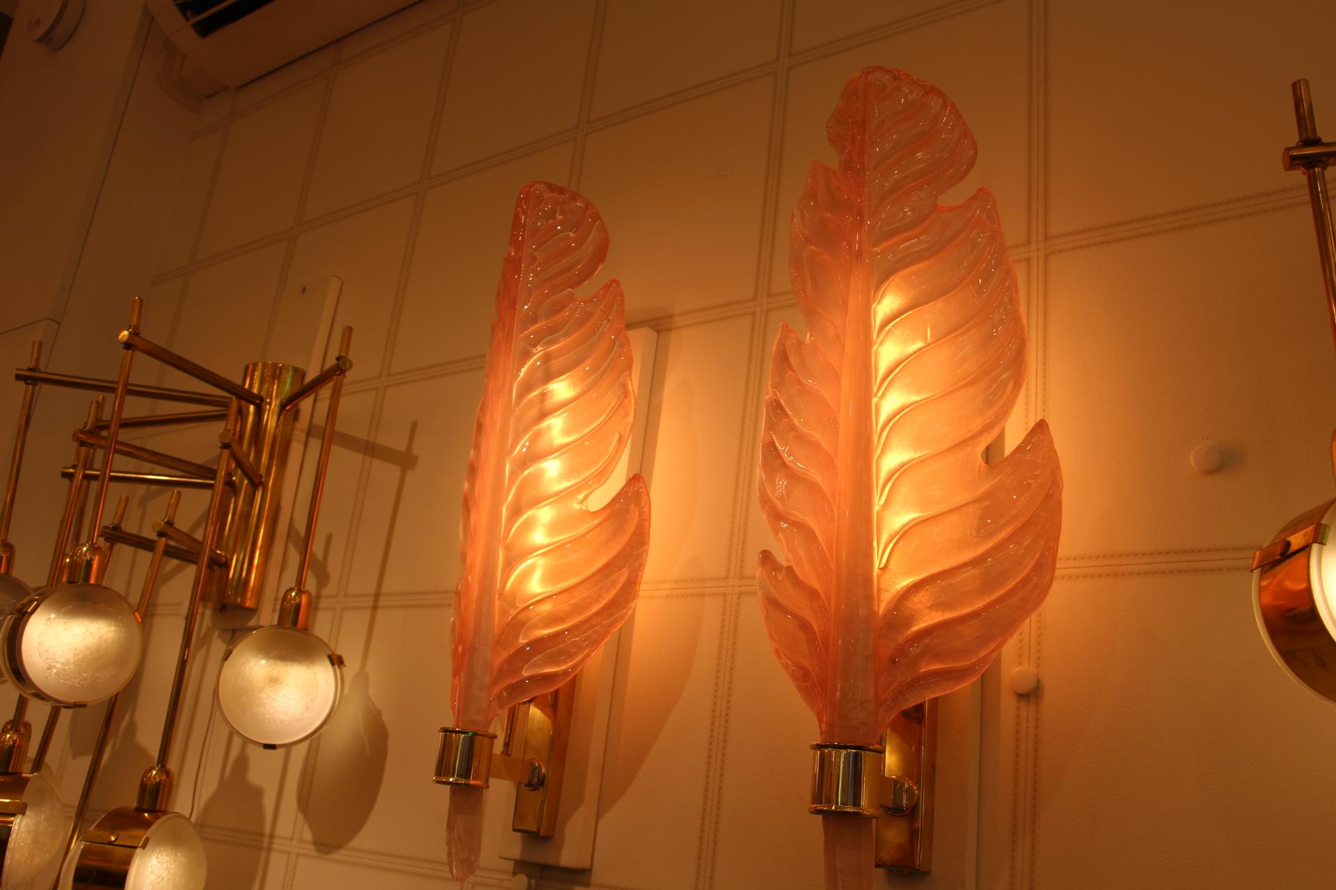 Art Deco Pair of Pink Murano Glass Sconces, Leaf Shape Wall Lights,  Barovier Style
