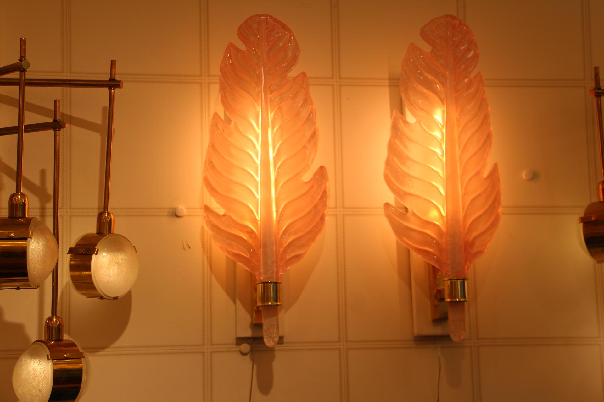 Italian Pair of Pink Murano Glass Sconces, Leaf Shape Wall Lights,  Barovier Style