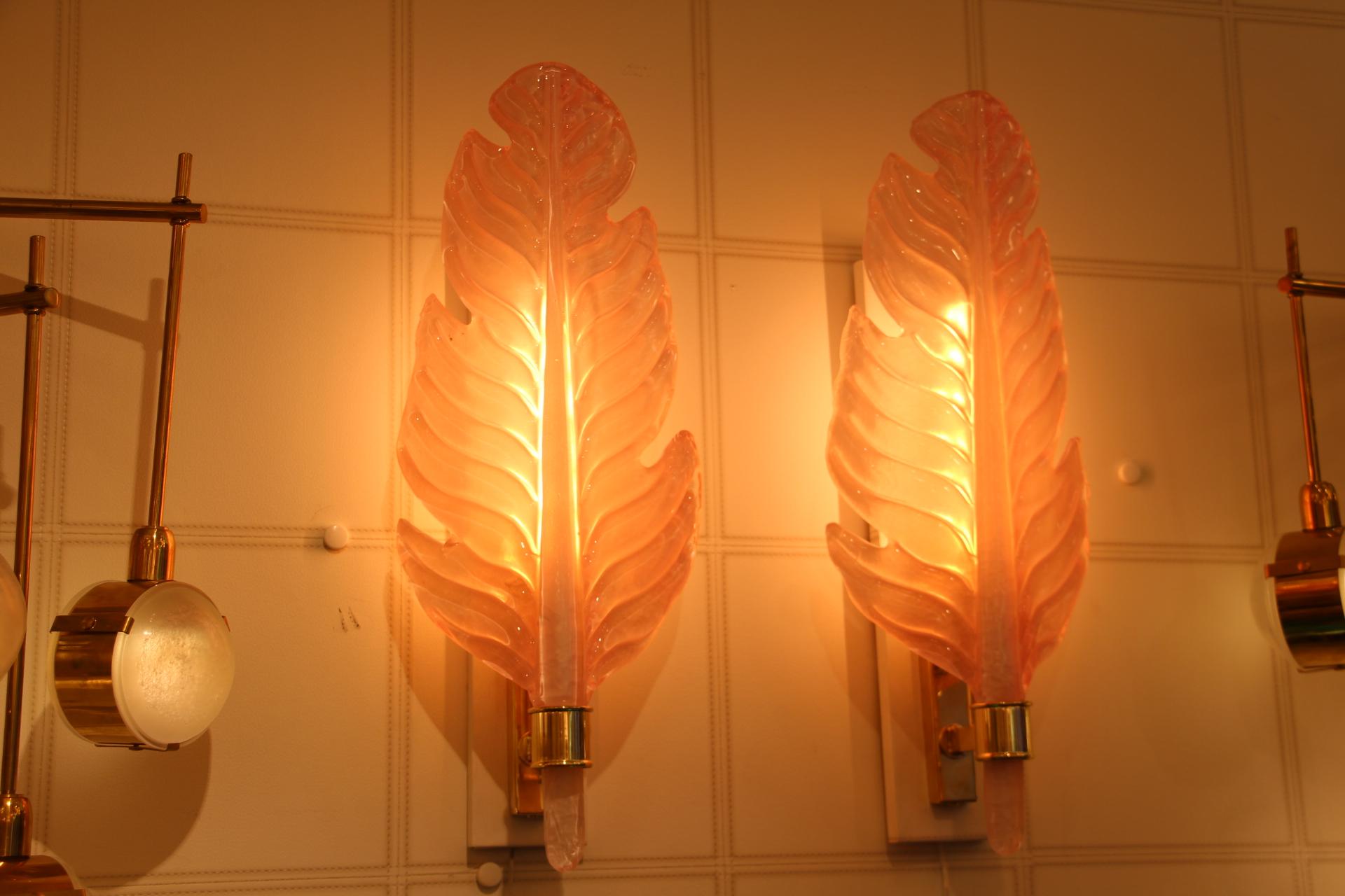Pair of Pink Murano Glass Sconces, Leaf Shape Wall Lights,  Barovier Style 1
