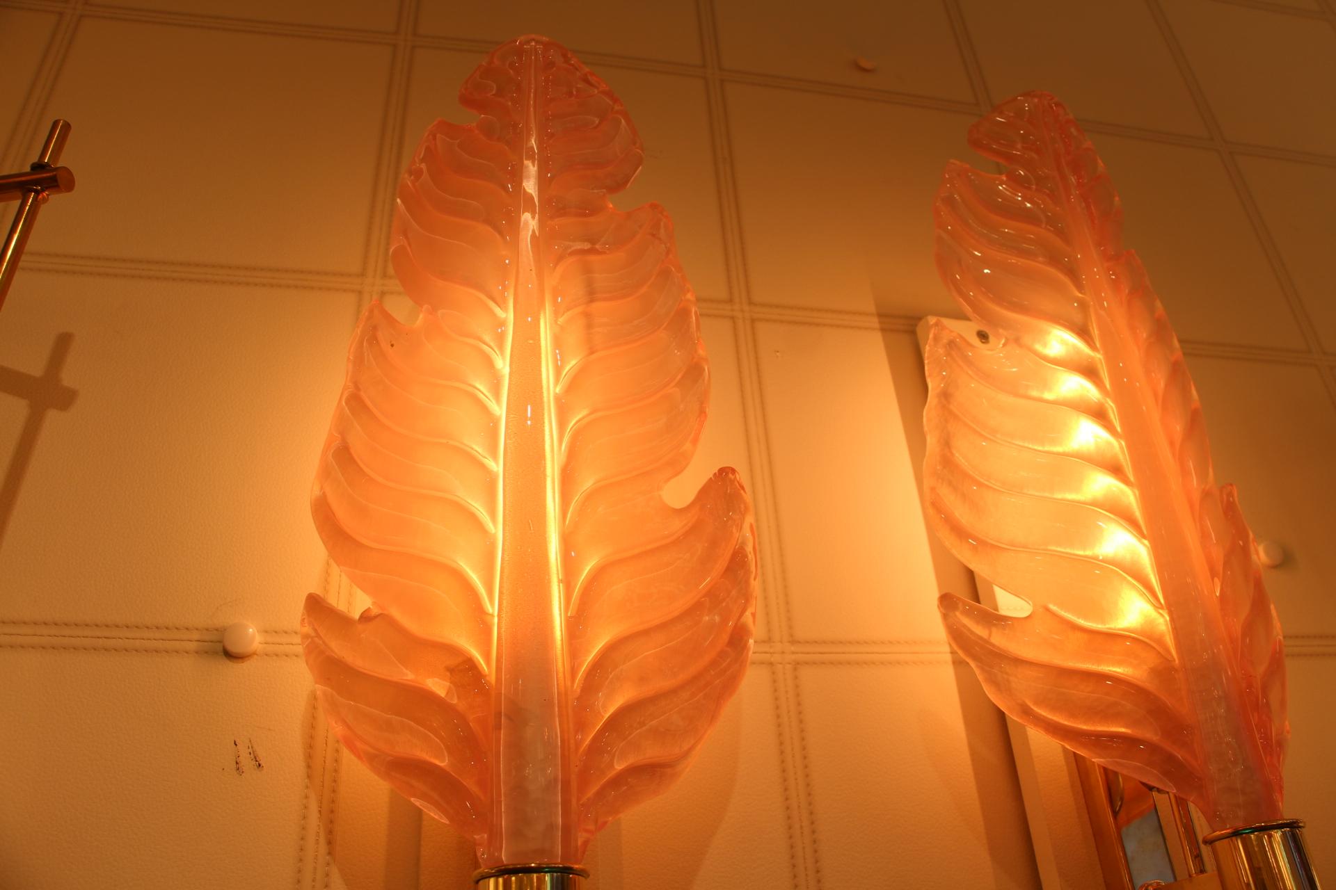 Pair of Pink Murano Glass Sconces, Leaf Shape Wall Lights,  Barovier Style 2