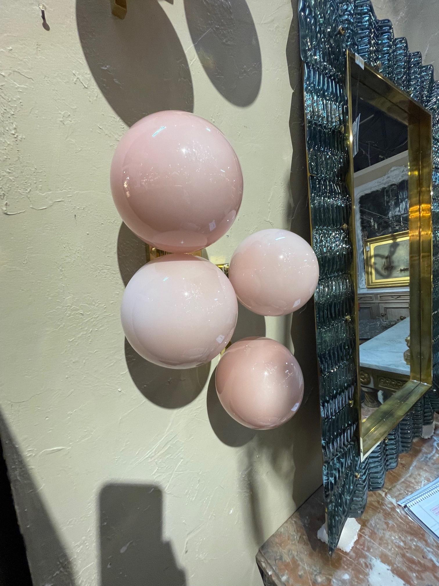 Pair of Pink Murano Glass Sphere and Brass Sconces In Good Condition In Dallas, TX