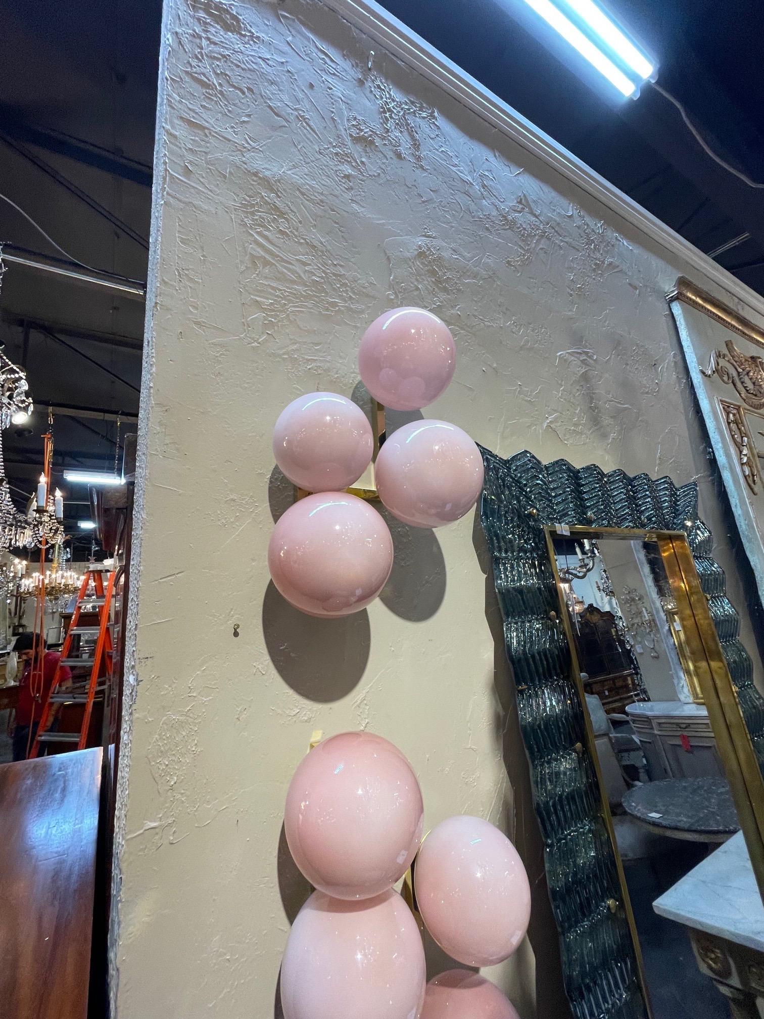 Contemporary Pair of Pink Murano Glass Sphere and Brass Sconces