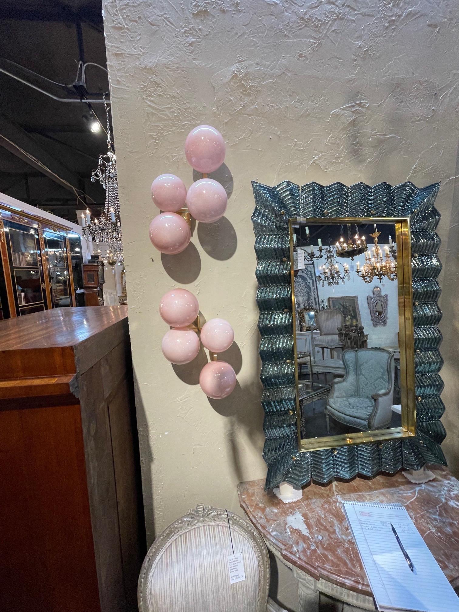 Pair of Pink Murano Glass Sphere and Brass Sconces 1
