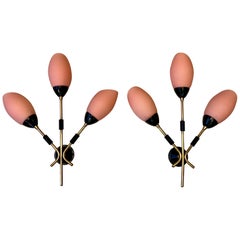 Pair of Pink Murano Glass Three Lights Wall Sconces, 1970