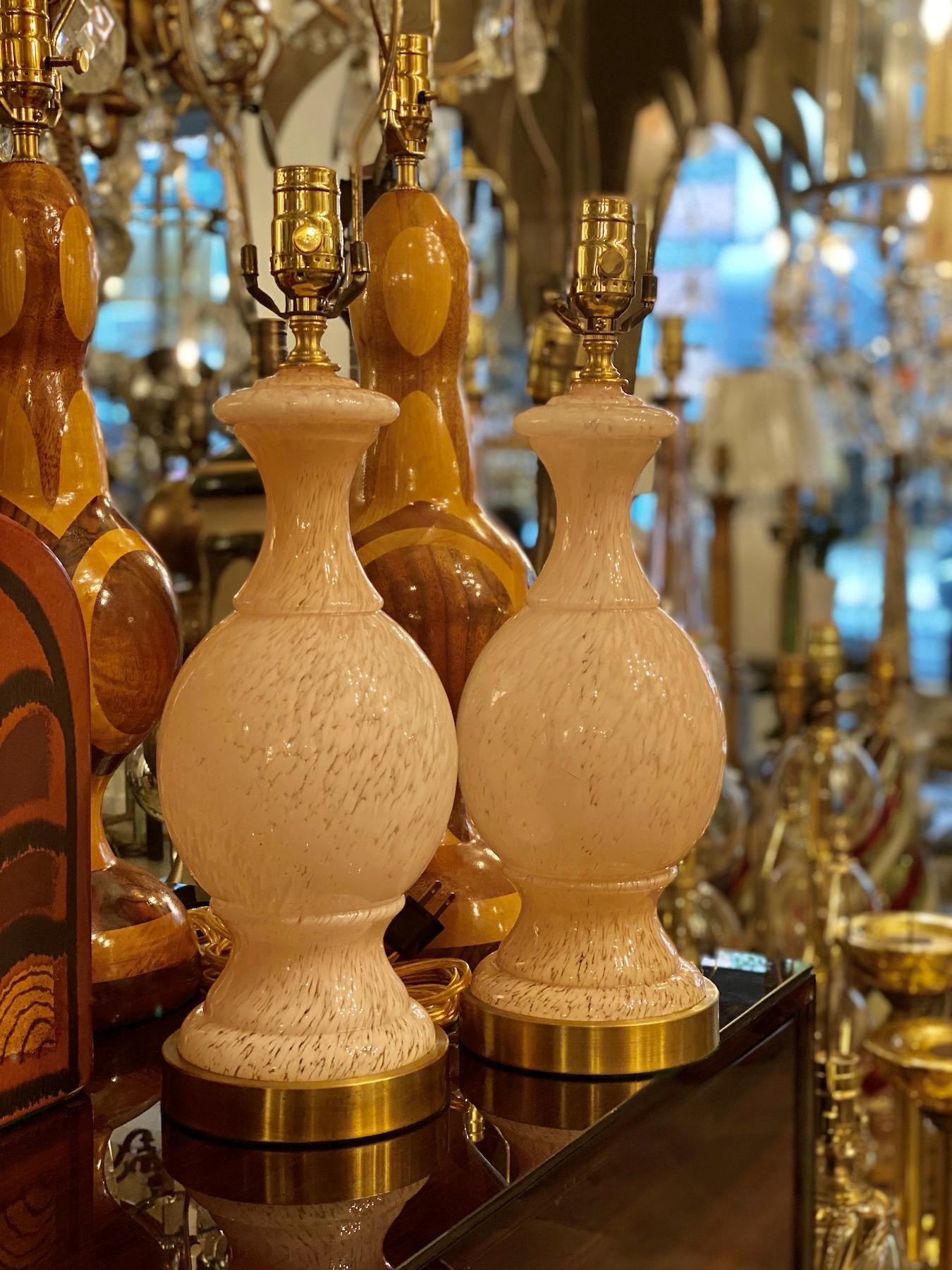 Pair of circa 1940s Italian hand blown Murano glass table lamps.

Measurements:
Height of body 15