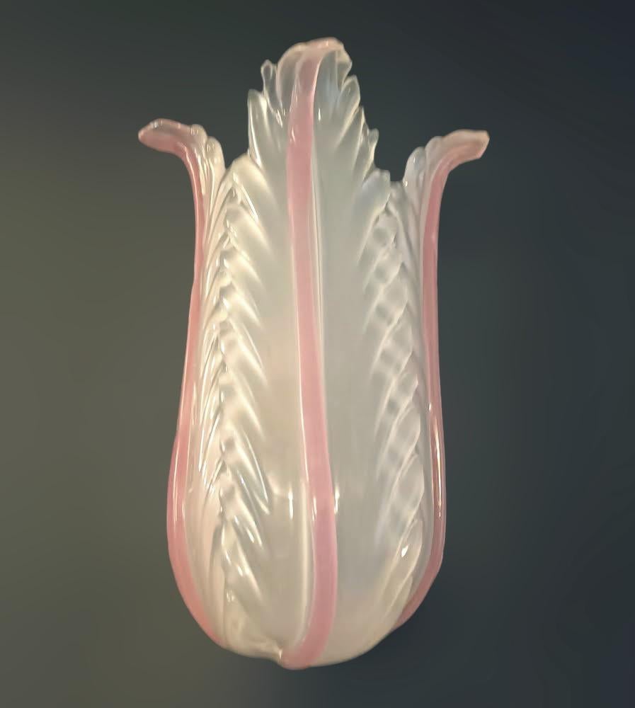 Italian tulip shaped Murano glass wall lights in milky white and pink colors / Made in Italy, circa 1960s
Measures: Height 9 inches, width 6 inches, depth 4.5 inches
1 light / E12 or E14 type / max 40W
1 pair available in stock in Italy
Order