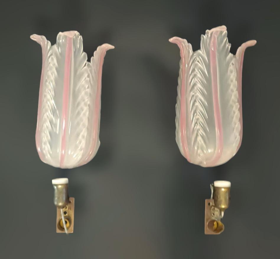 Murano Glass Pair of Pink Murano Tulip Sconces For Sale