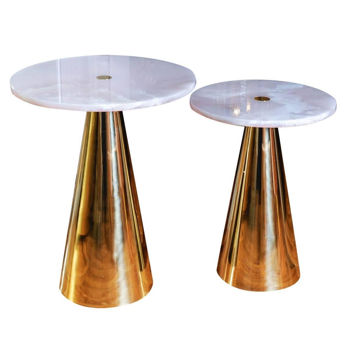 Pair of Pink Onyx and Brass Pedestals