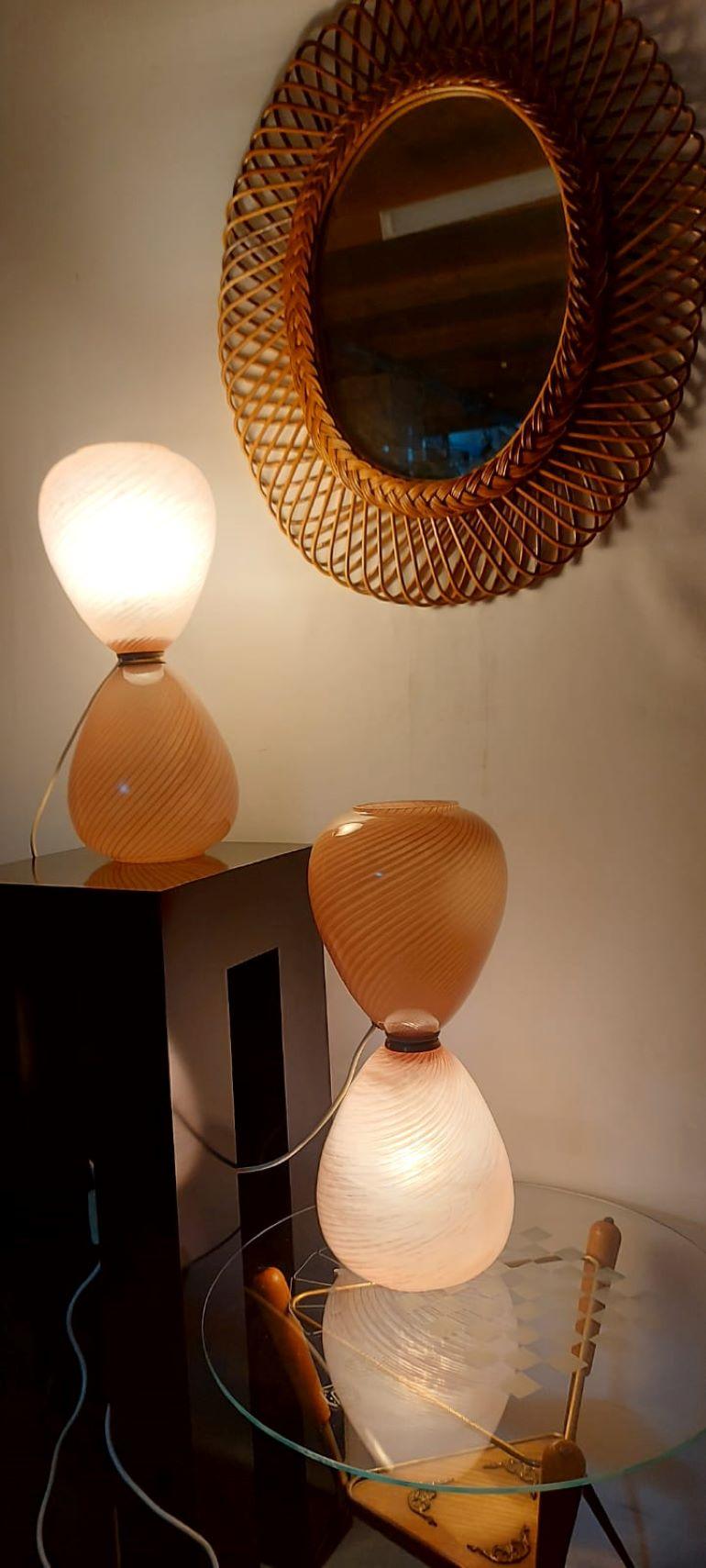 Italian Pair of Pink Pale Blown Glass Murano Hourglass Table Lamps, 1950s For Sale