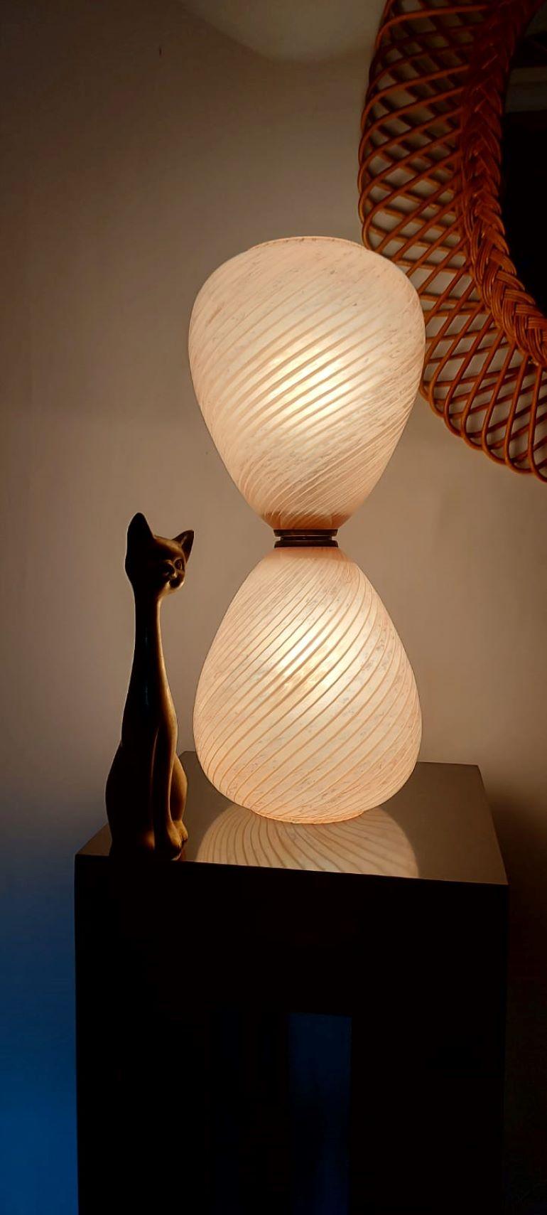 Italian Pink Pale Blown Glass Murano Hourglass Table Lamp, 1950s