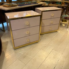 Pair of Pink Pale Opaline Glass Nightstands with Murano Glass flower Handles