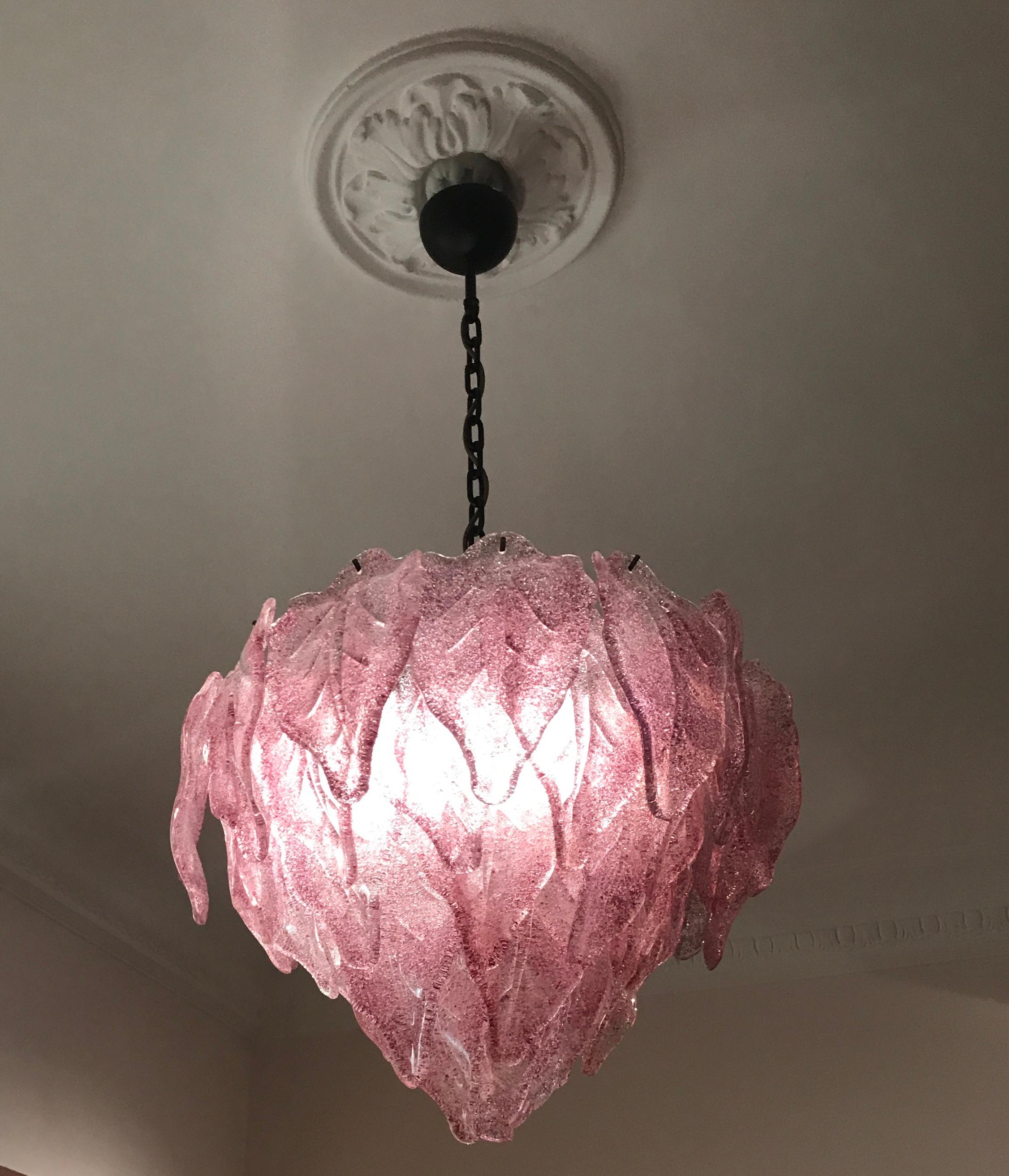 20th Century Pair of Pink Polar Murano Glass Chandelier, Italy, 1970s For Sale