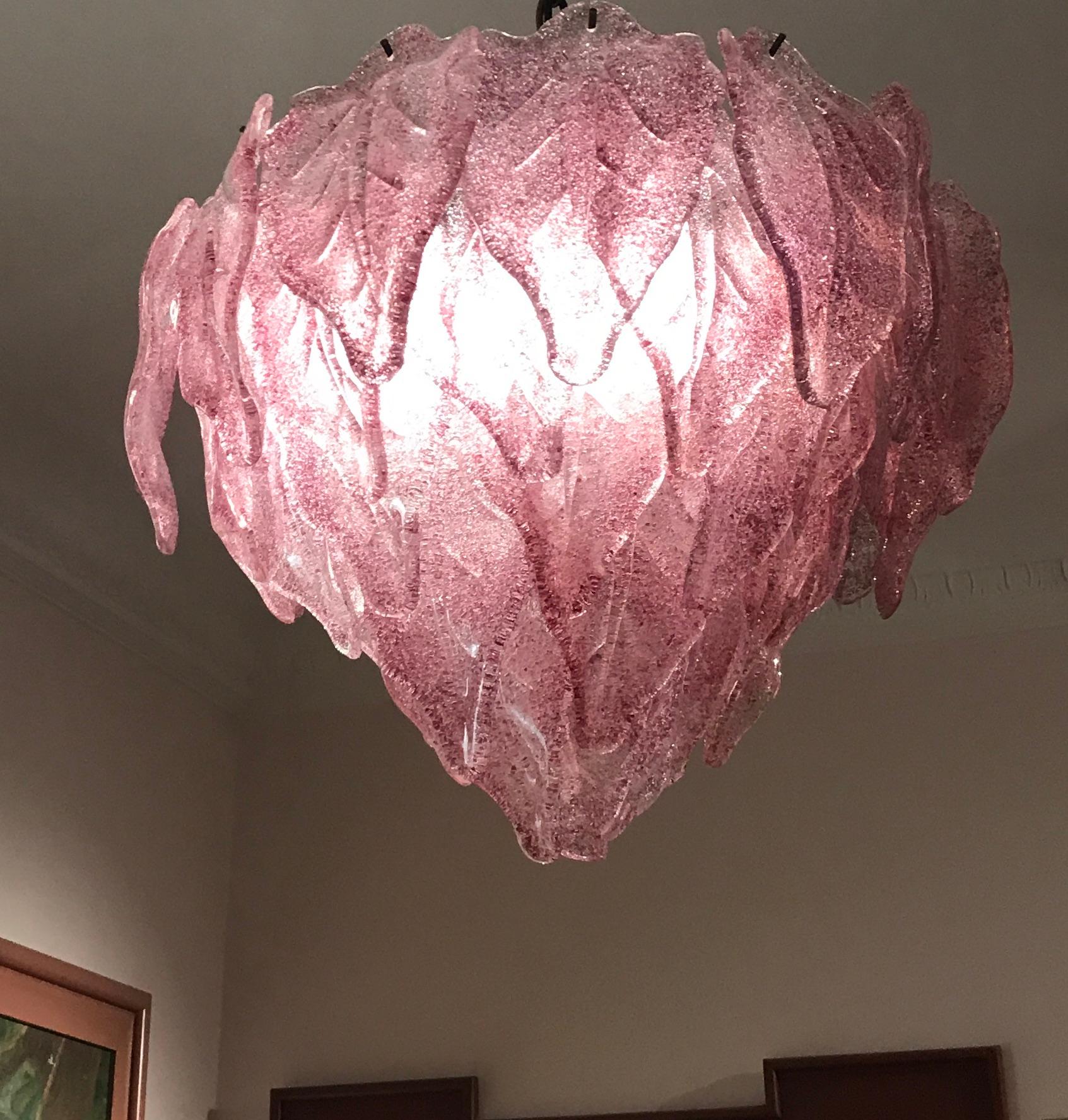 Metal Pair of Pink Polar Murano Glass Chandelier, Italy, 1970s For Sale