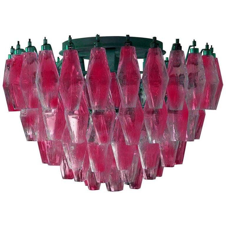 Italian Pair of Pink Poliedri Chandeliers in the Style of Carlo Scarpa, Murano