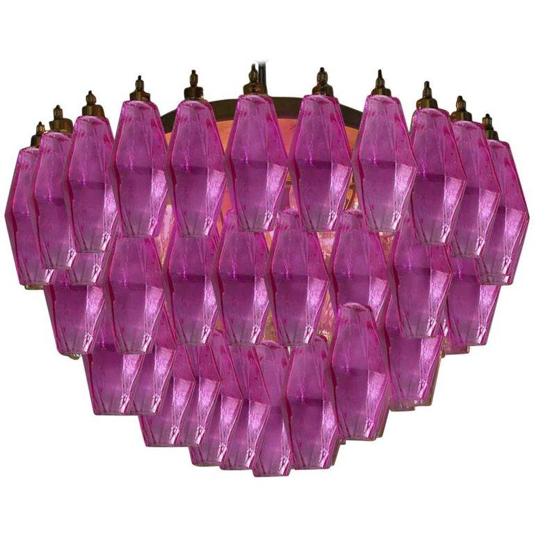 Metal Pair of Pink Poliedri Chandeliers in the Style of Carlo Scarpa, Murano