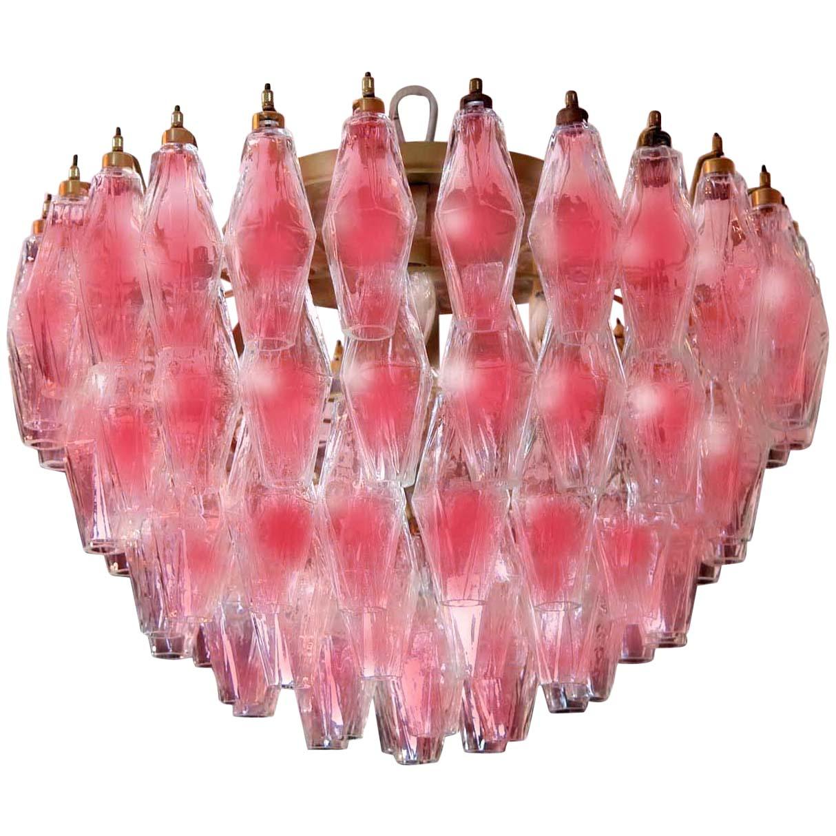 Pair of Pink Poliedri Chandeliers in the Style of Carlo Scarpa, Murano