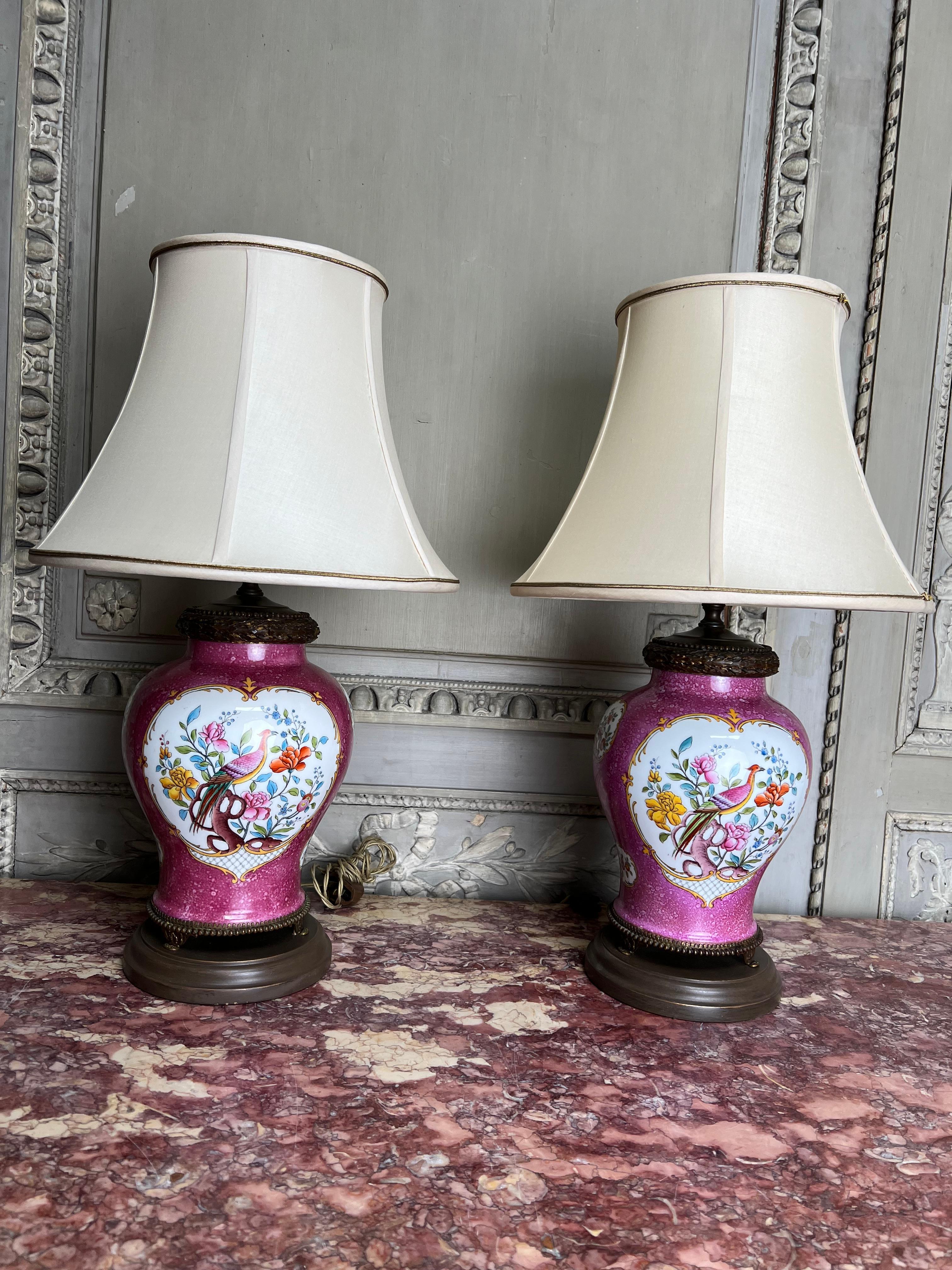 Pair of Pink Porcelain Lamps With Enameled Birds and Flowers For Sale 2