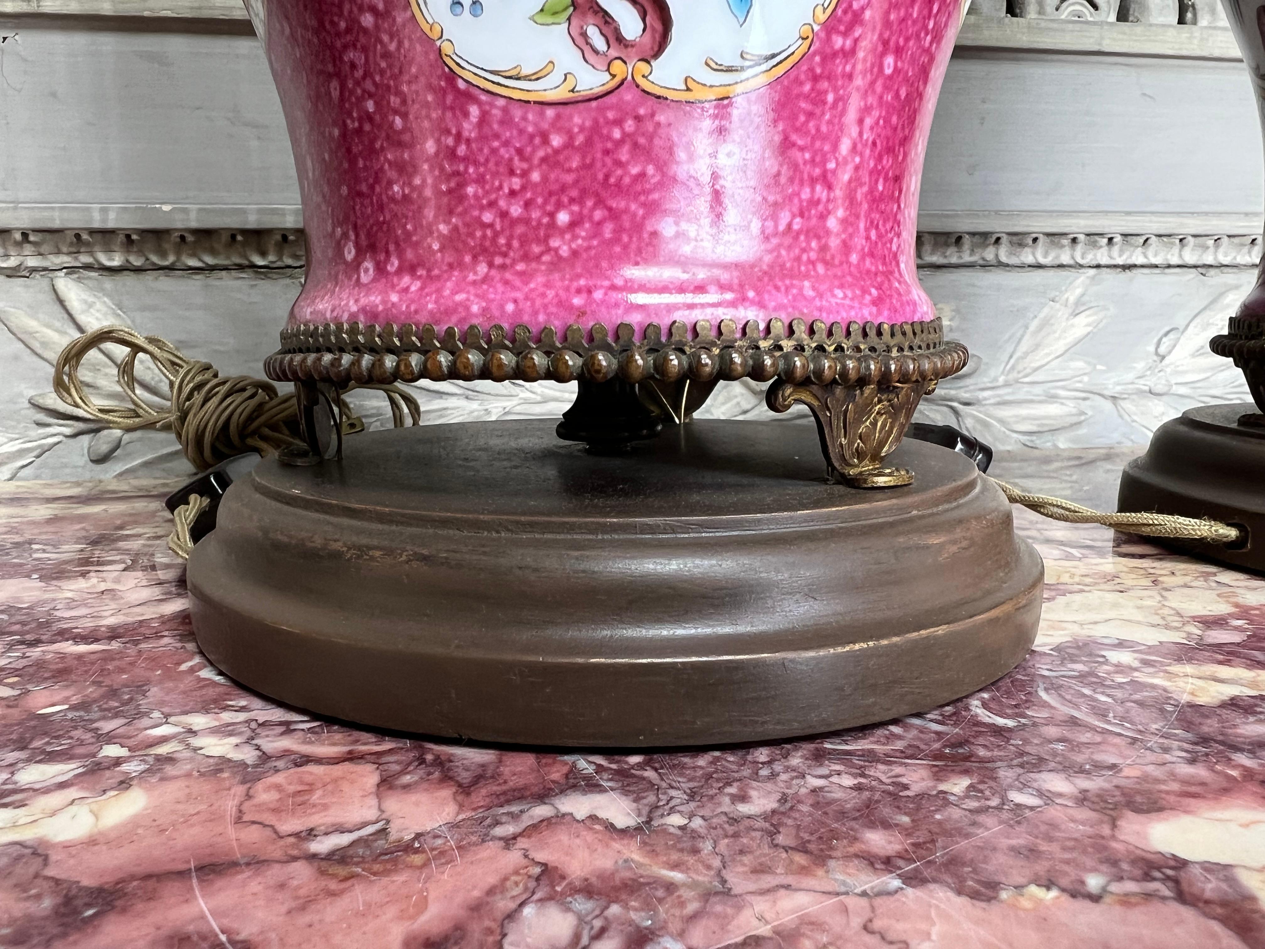 Pair of Pink Porcelain Lamps With Enameled Birds and Flowers In Good Condition For Sale In Dallas, TX