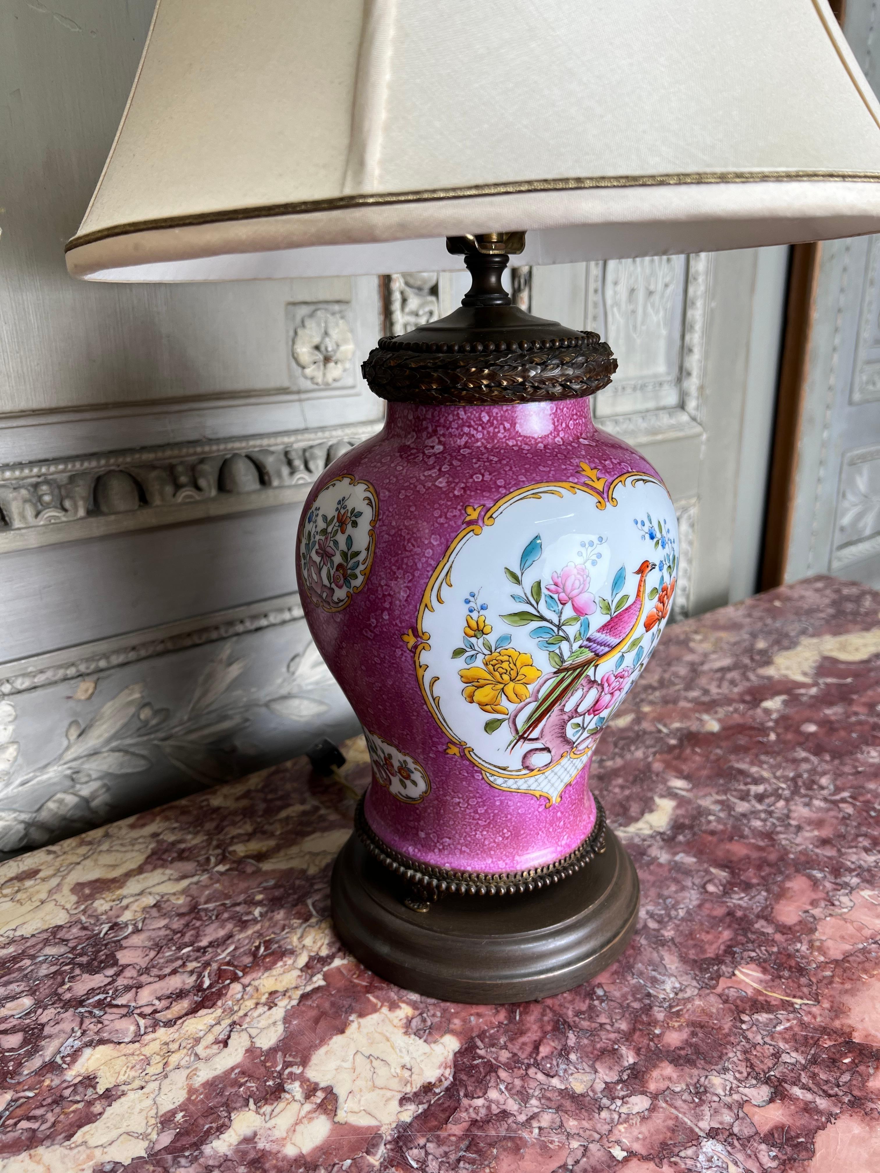 Bronze Pair of Pink Porcelain Lamps With Enameled Birds and Flowers For Sale