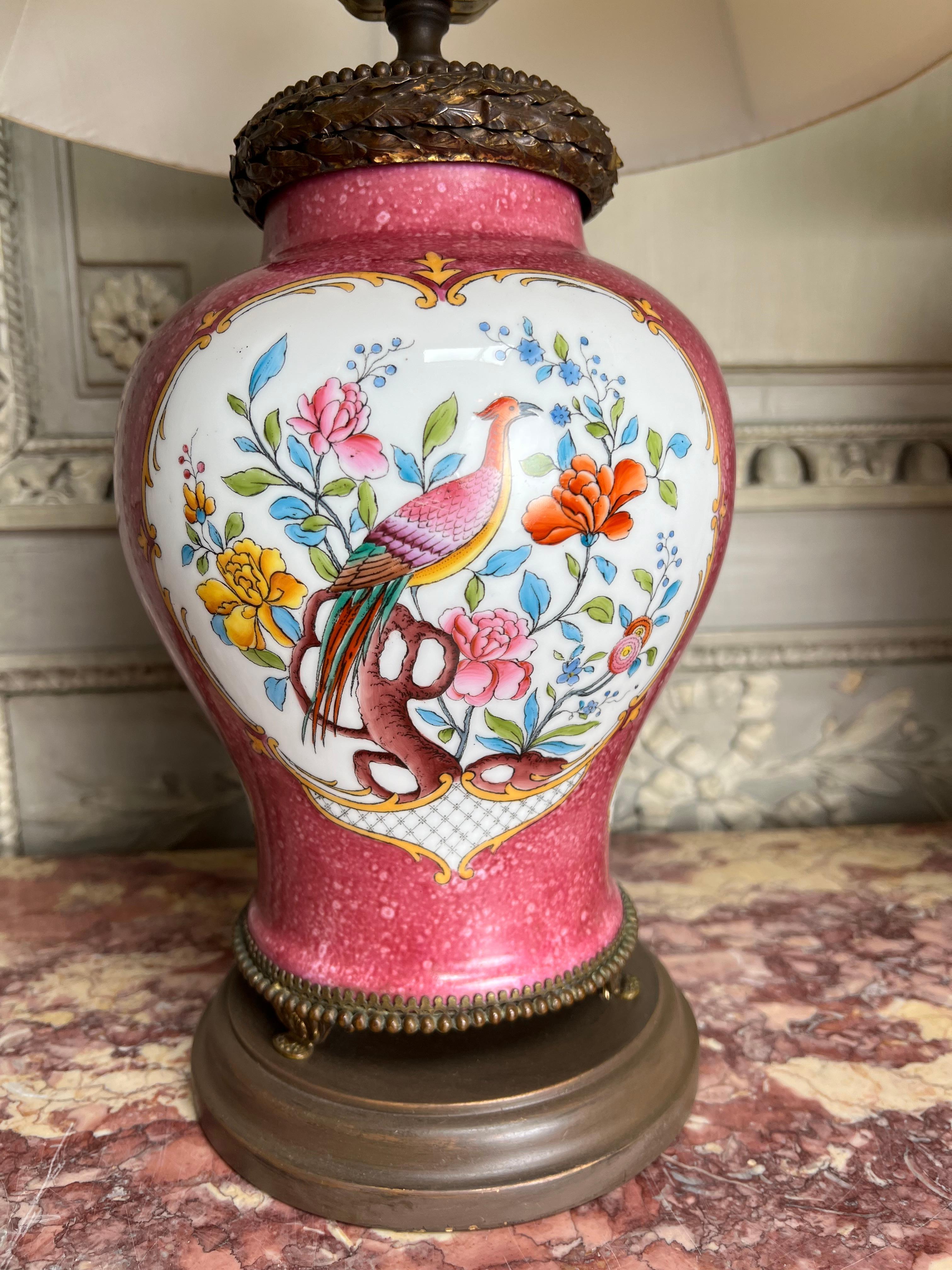 Pair of Pink Porcelain Lamps With Enameled Birds and Flowers For Sale 1