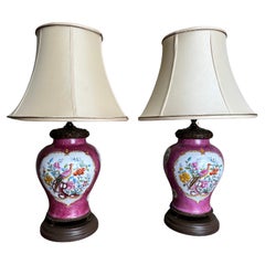 Antique Pair of Pink Porcelain Lamps With Enameled Birds and Flowers