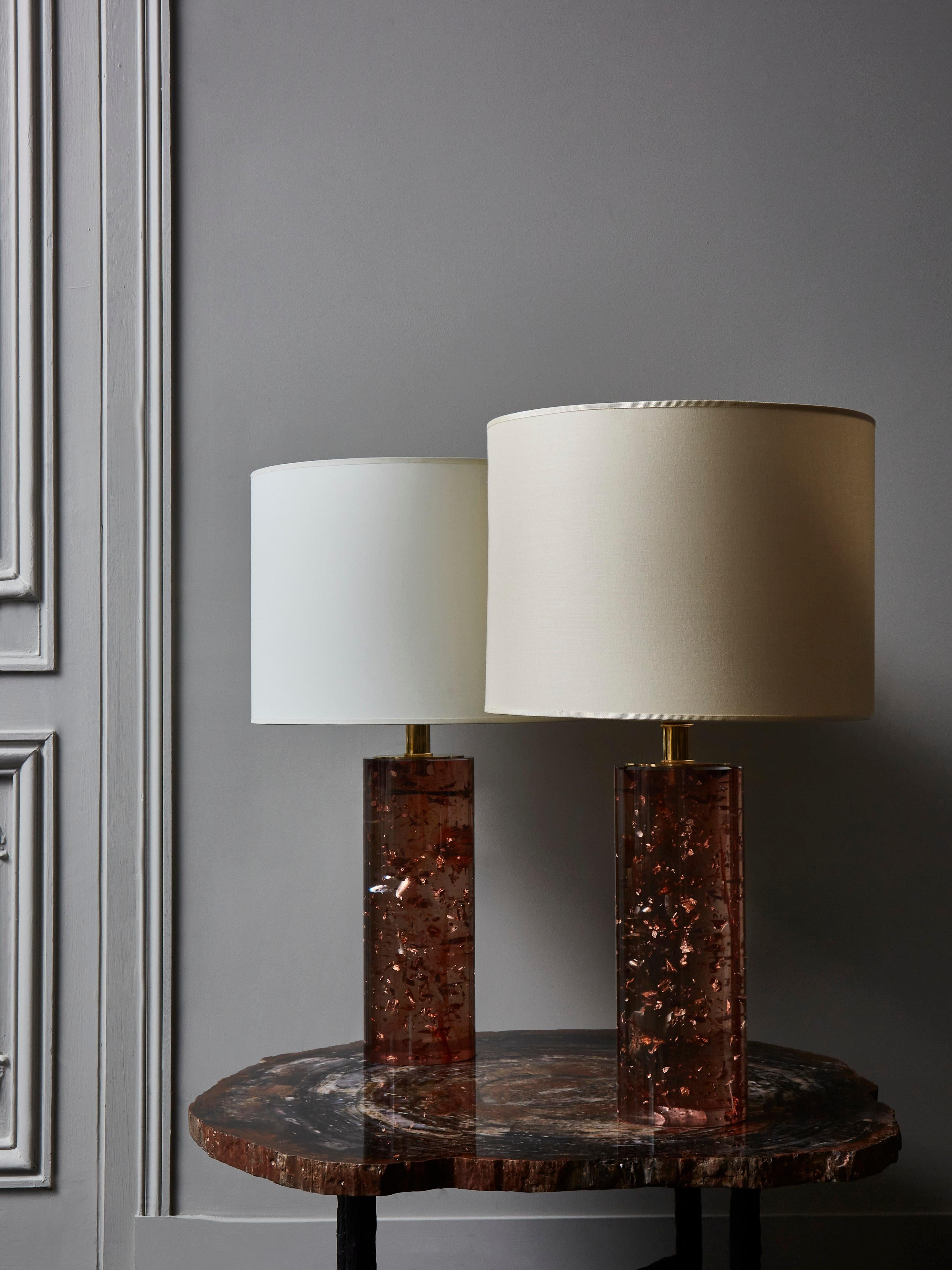 Modern Pair of Pink Resin and Gold Leaf Table Lamps