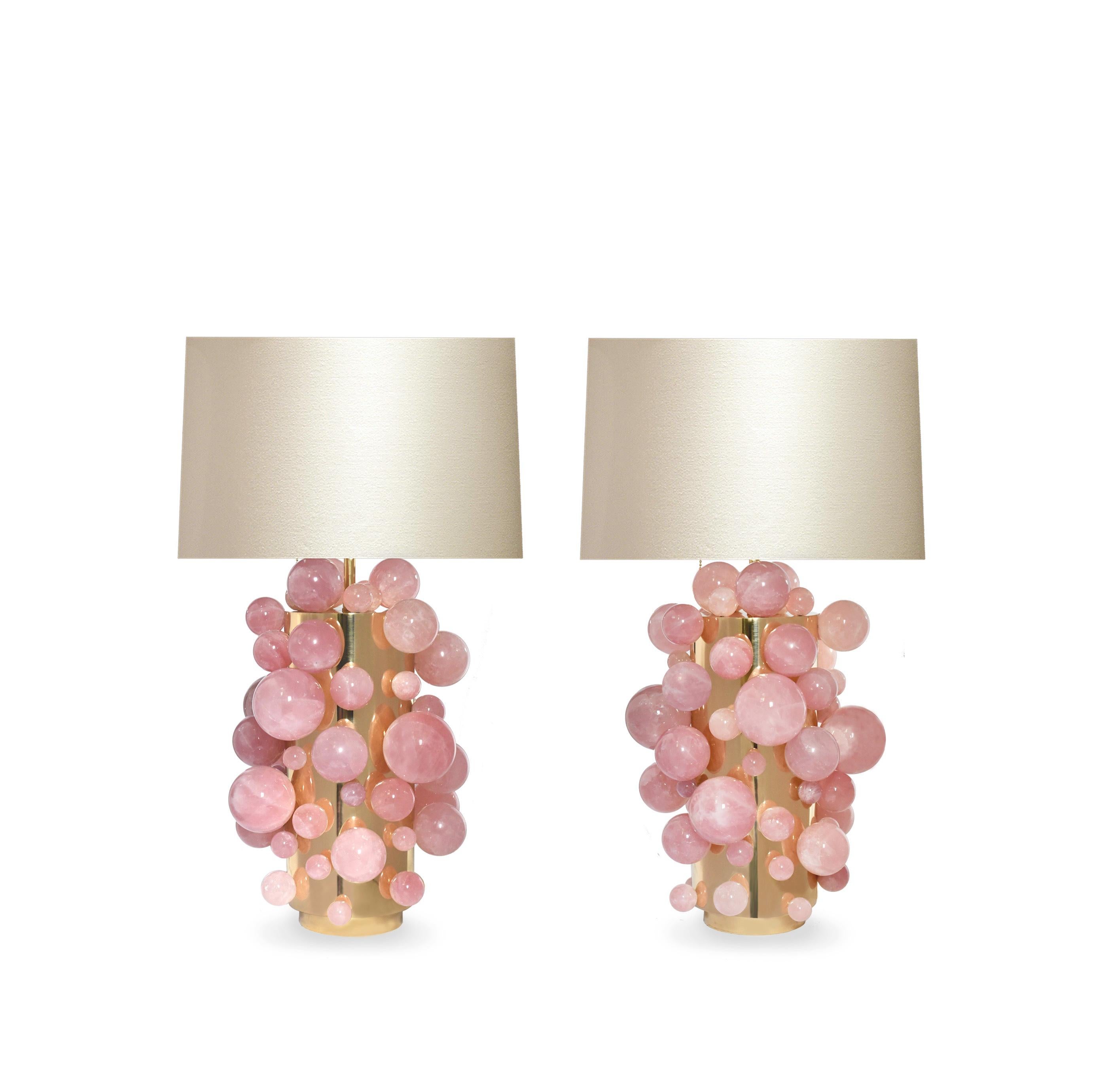 Pair of pink rock crystal bubble lamps with polished brass finishes, created by Phoenix Gallery, NYC.
Measures: To the rock crystal part 17 in / H.
Overall height 30 in / H
Lampshade is not included.