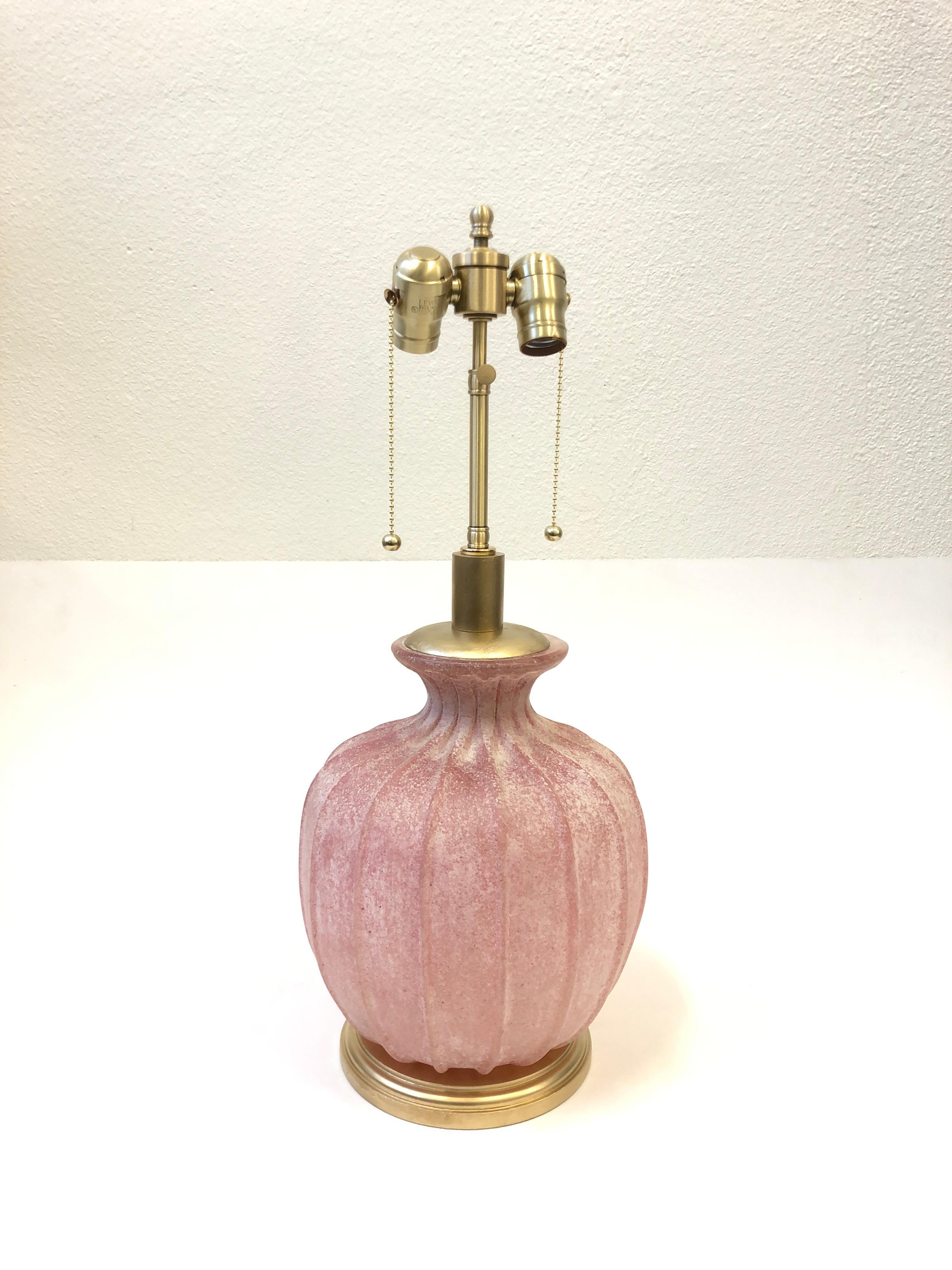 Italian Pair of Pink Scavo Murano Glass Table Lamps by Seguso Vetri d'Arte