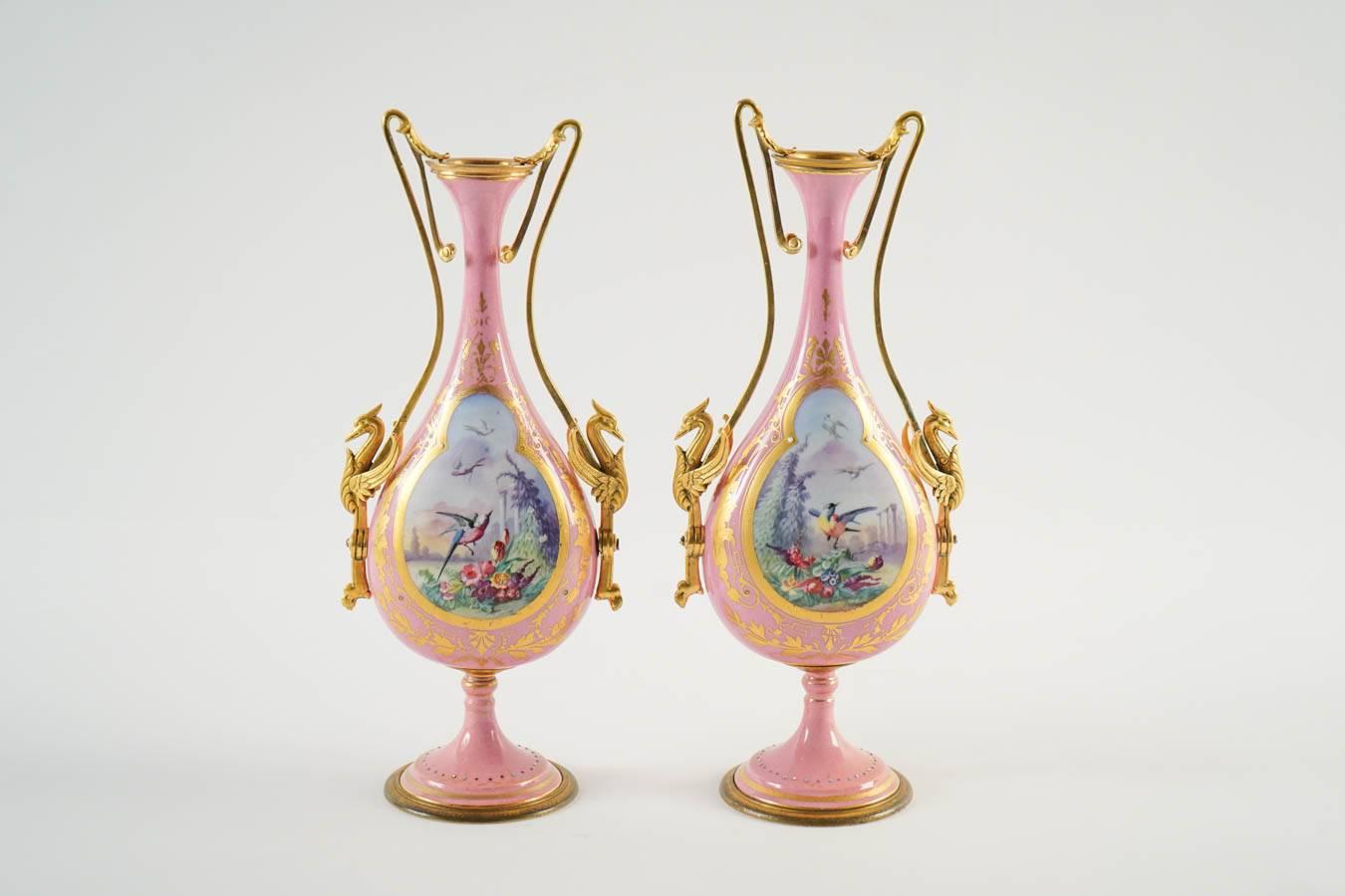 Gilt Pair of Pink Sevres Vases For Sale