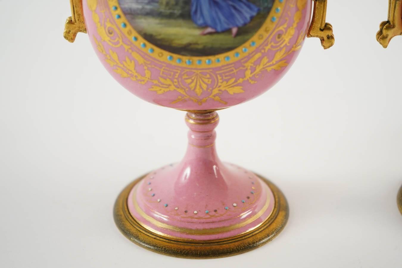 19th Century Pair of Pink Sevres Vases For Sale