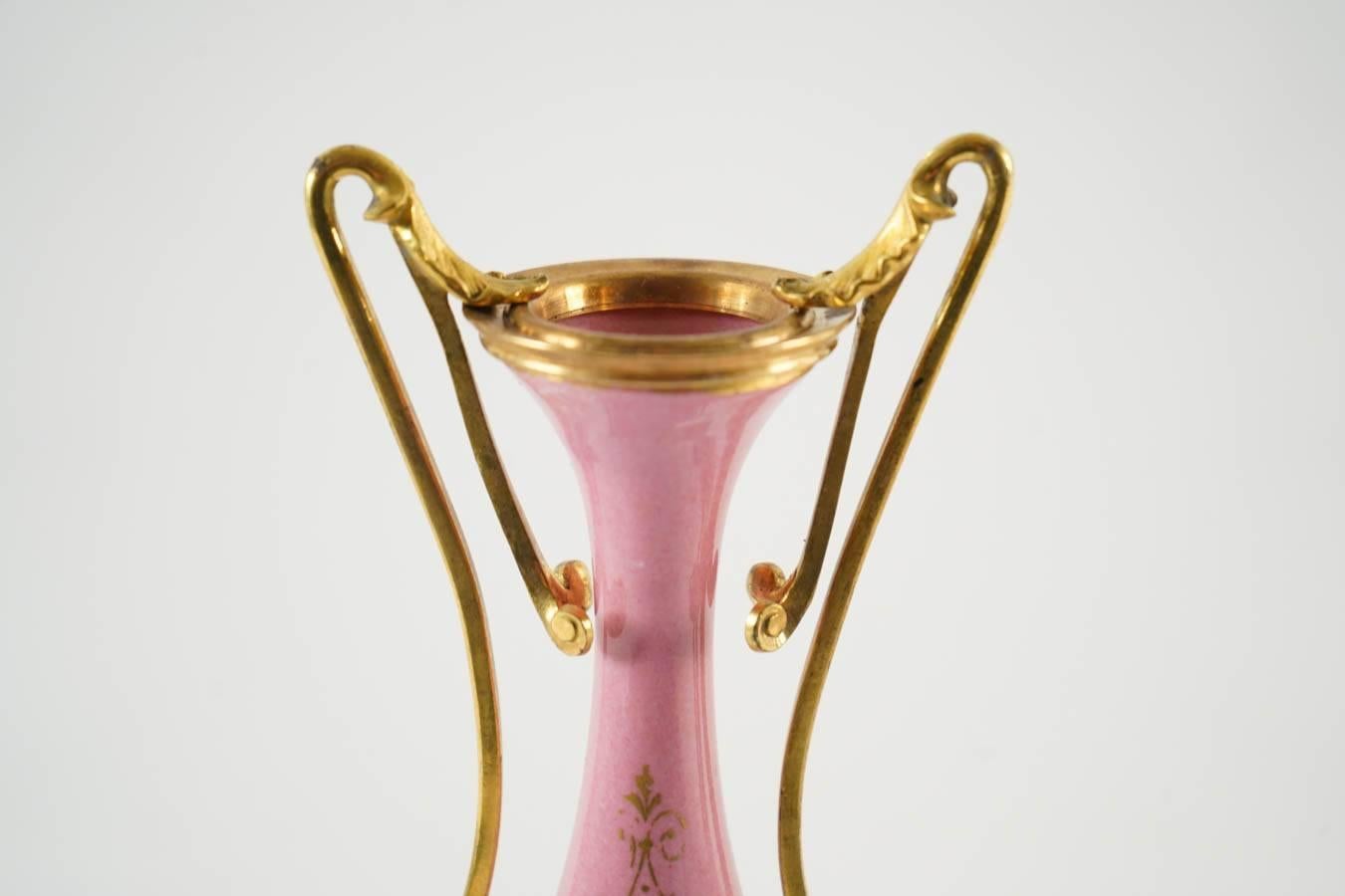 Bronze Pair of Pink Sevres Vases For Sale