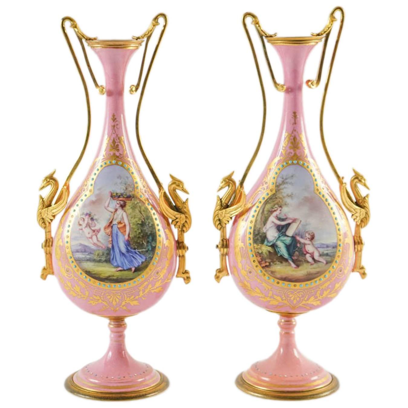 Pair of Pink Sevres Vases For Sale