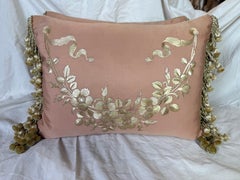 Pair of Pink Silk Embroidered Pillows w/ Tassel Fringe