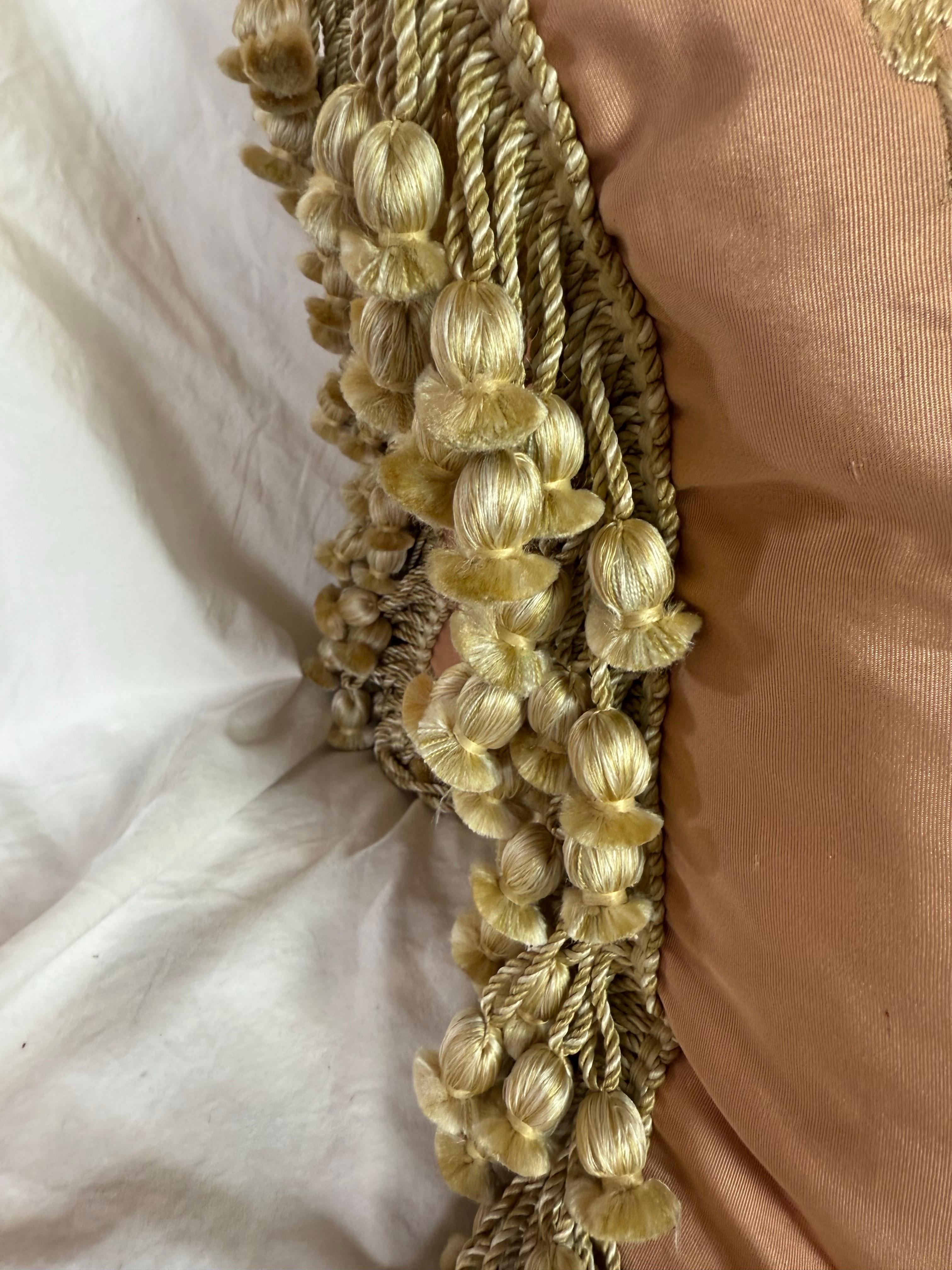 Coppia di cuscini ricamati in seta rosa con frange di nappe in vendita 2