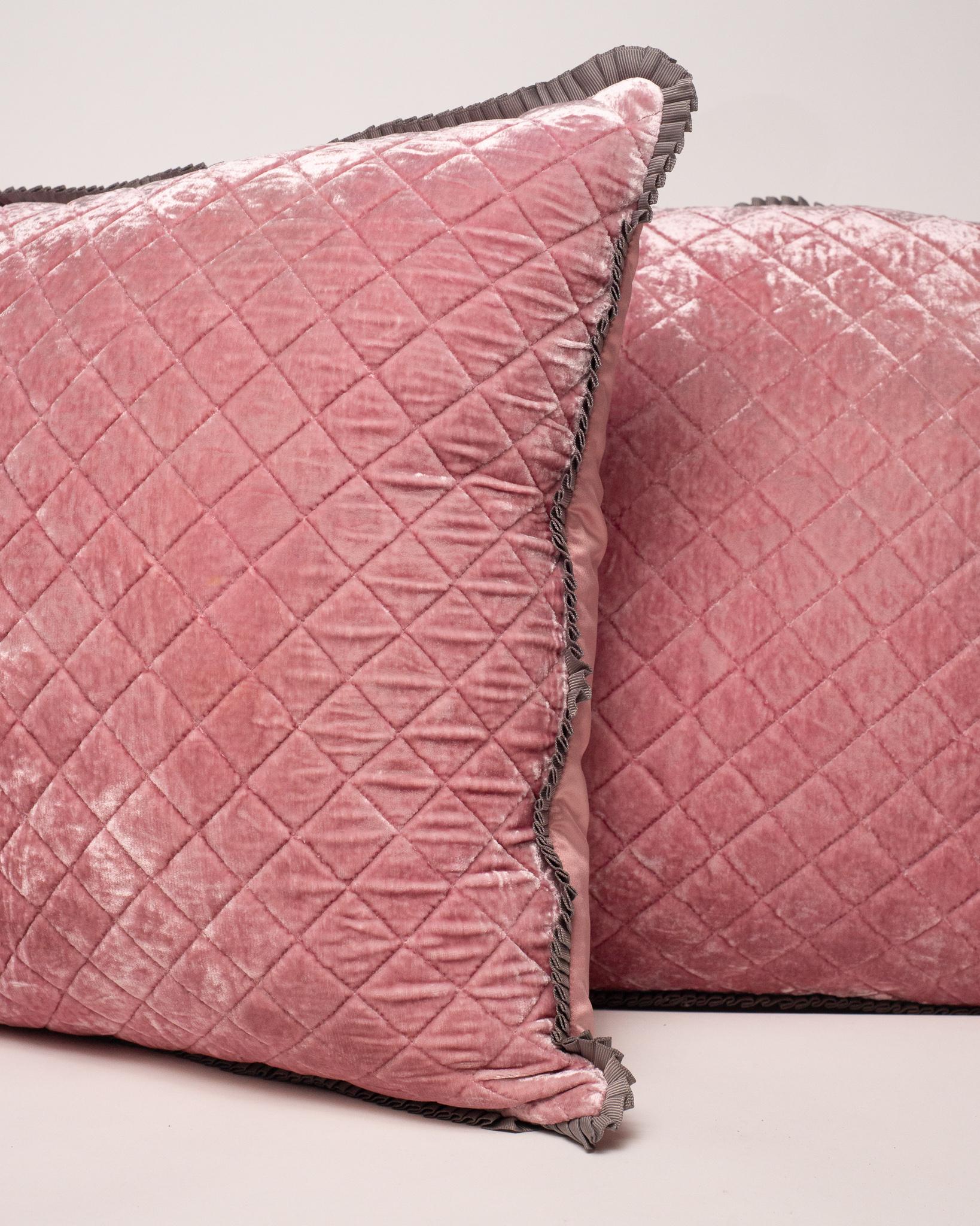 Indian Pair of Pink Silk Satin Pillows with Embroidered Sea Life with Velvet Back For Sale