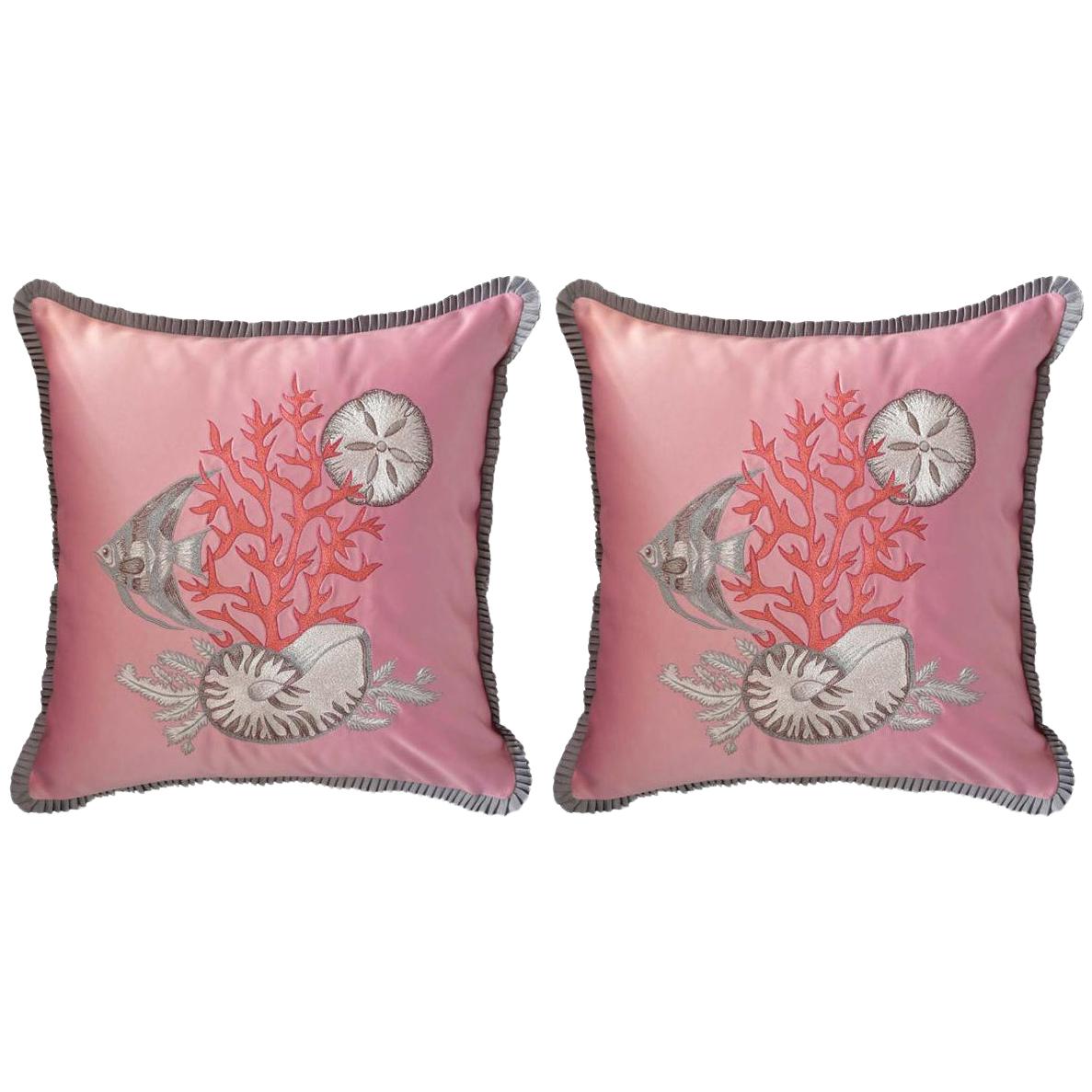 Pair of Pink Silk Satin Pillows with Embroidered Sea Life with Velvet Back