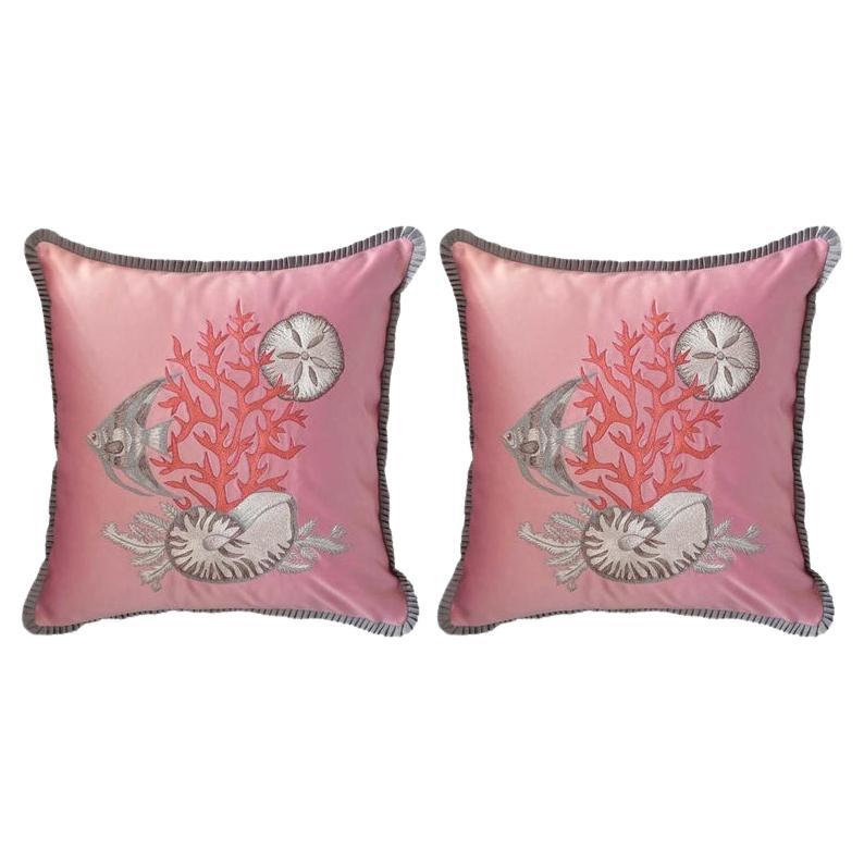 Pair of Pink Silk Satin Pillows with Embroidered Sea Life with Velvet Back
