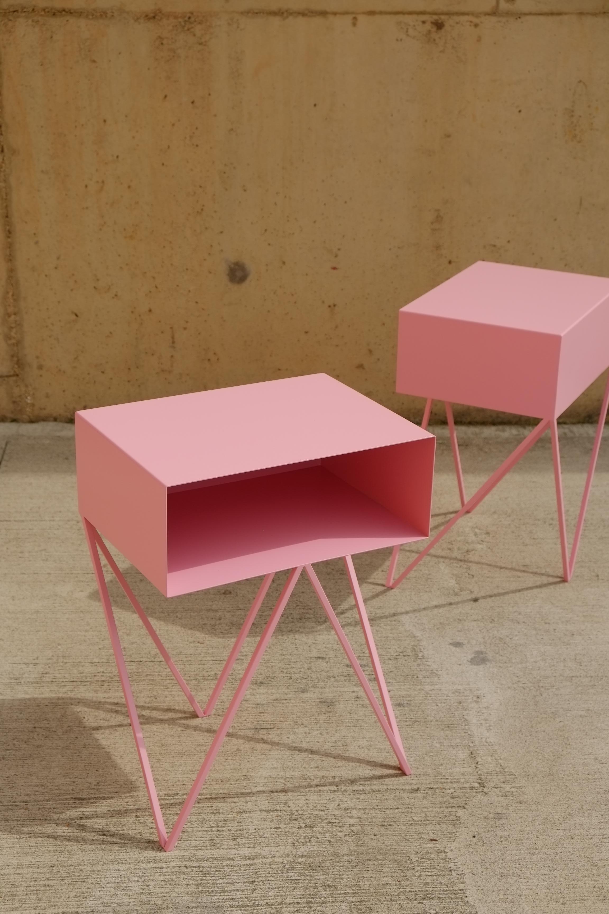 British Pair of Pink Steel Robot Bedside Tables - Customisable Nightstands For Sale