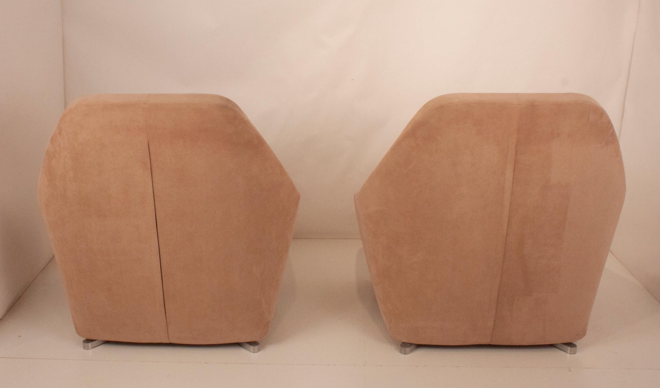 French Modern Pair of Pink Suede Armchairs,  by François Bauchet for Cinna, 2000's