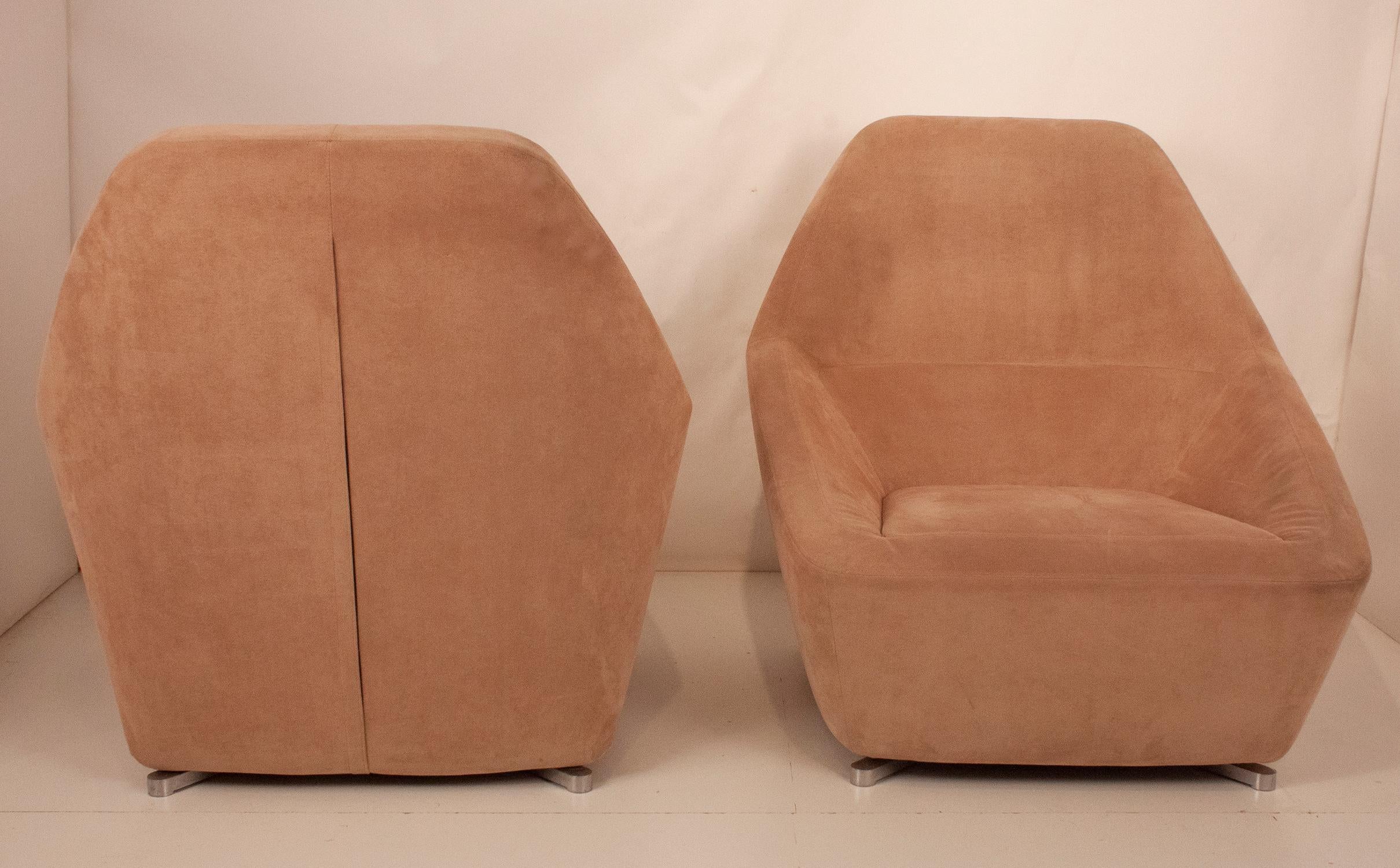 Metal Modern Pair of Pink Suede Armchairs,  by François Bauchet for Cinna, 2000's