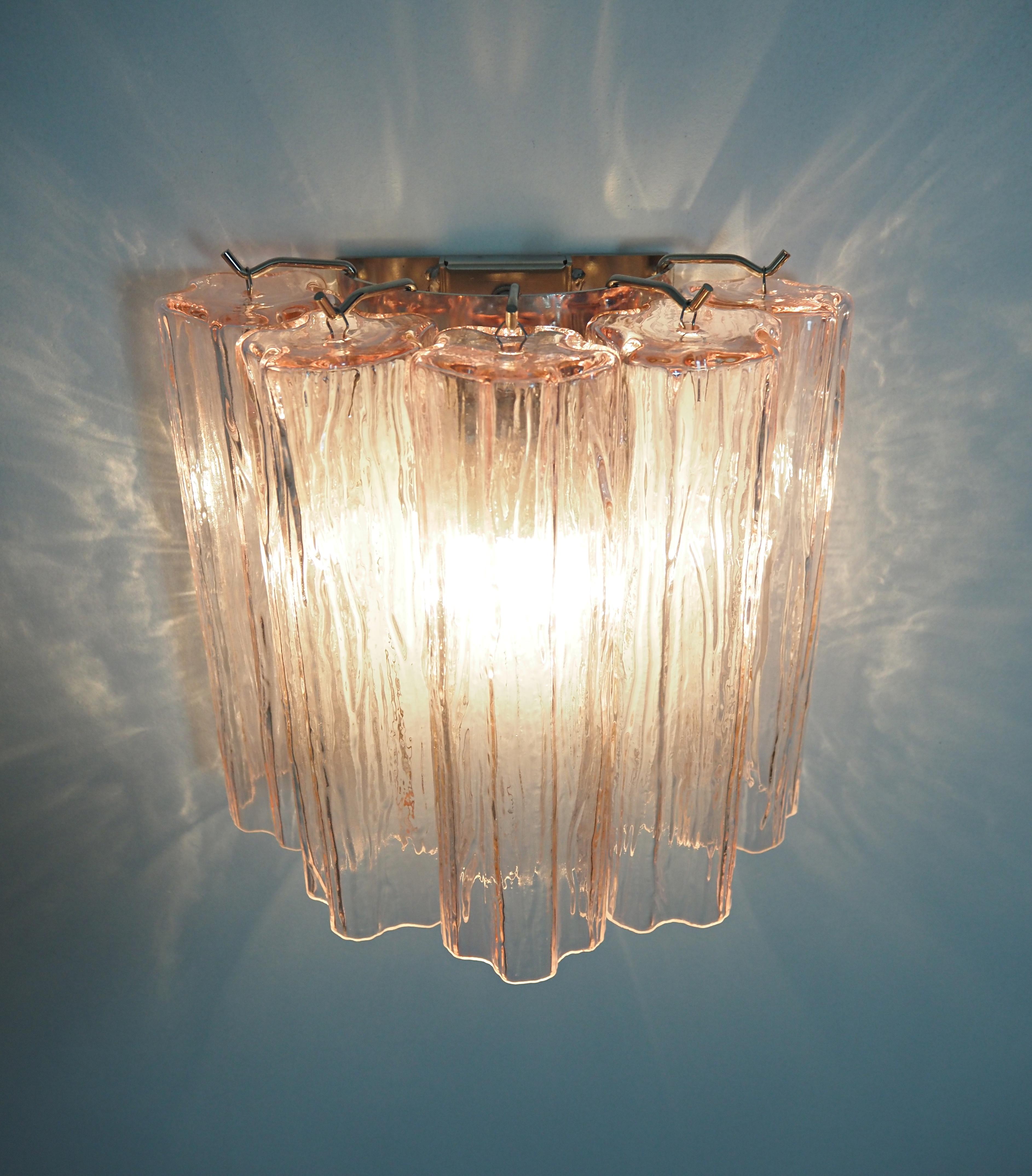 Late 20th Century Midcentury Pair of Pink Tronchi Sconces Murano For Sale